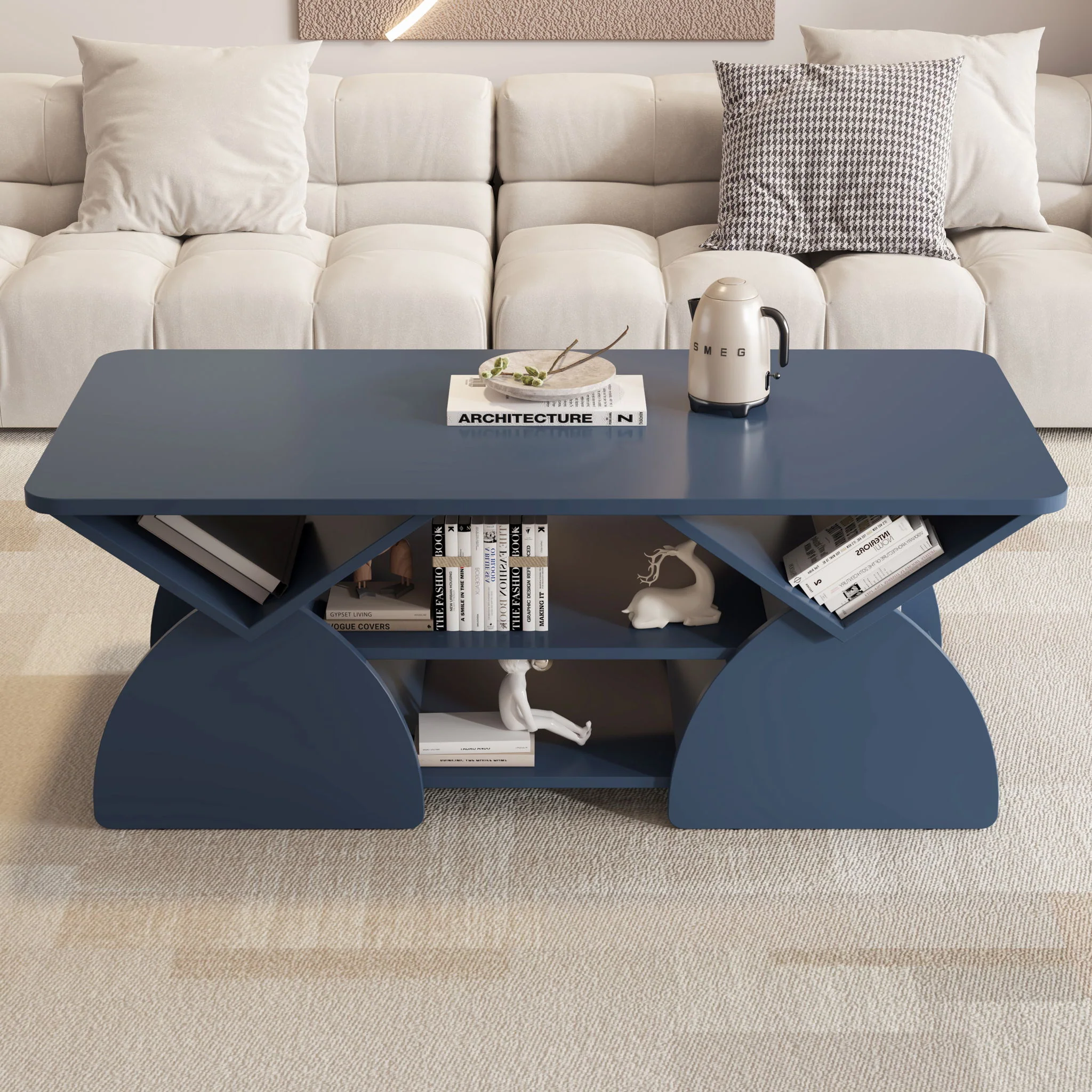 Geometric Engineered Coffee Table With Rounded Corners With Open Shelves - Image 21
