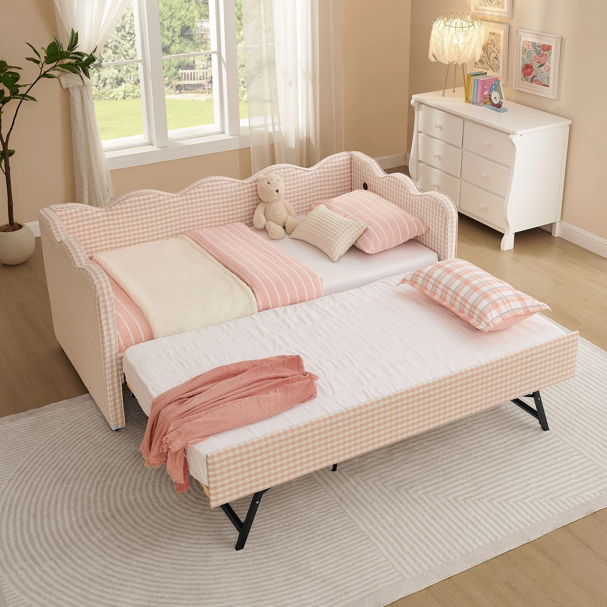 Gingham Daybed With USB Charging Port, Wave Shaped Design - Image 15
