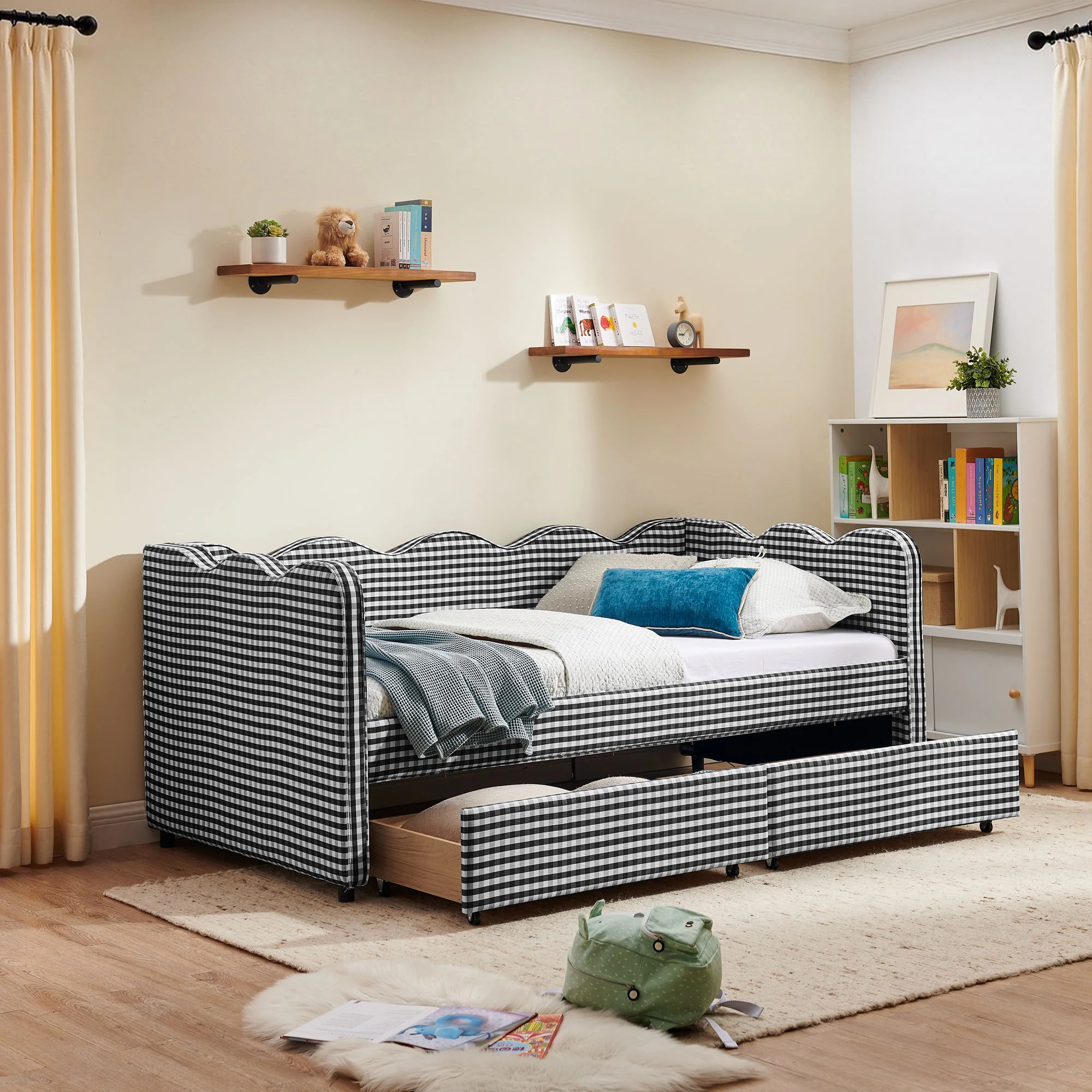 Gingham Daybed With USB Charging Port, Wave-Shaped Design - Image 113