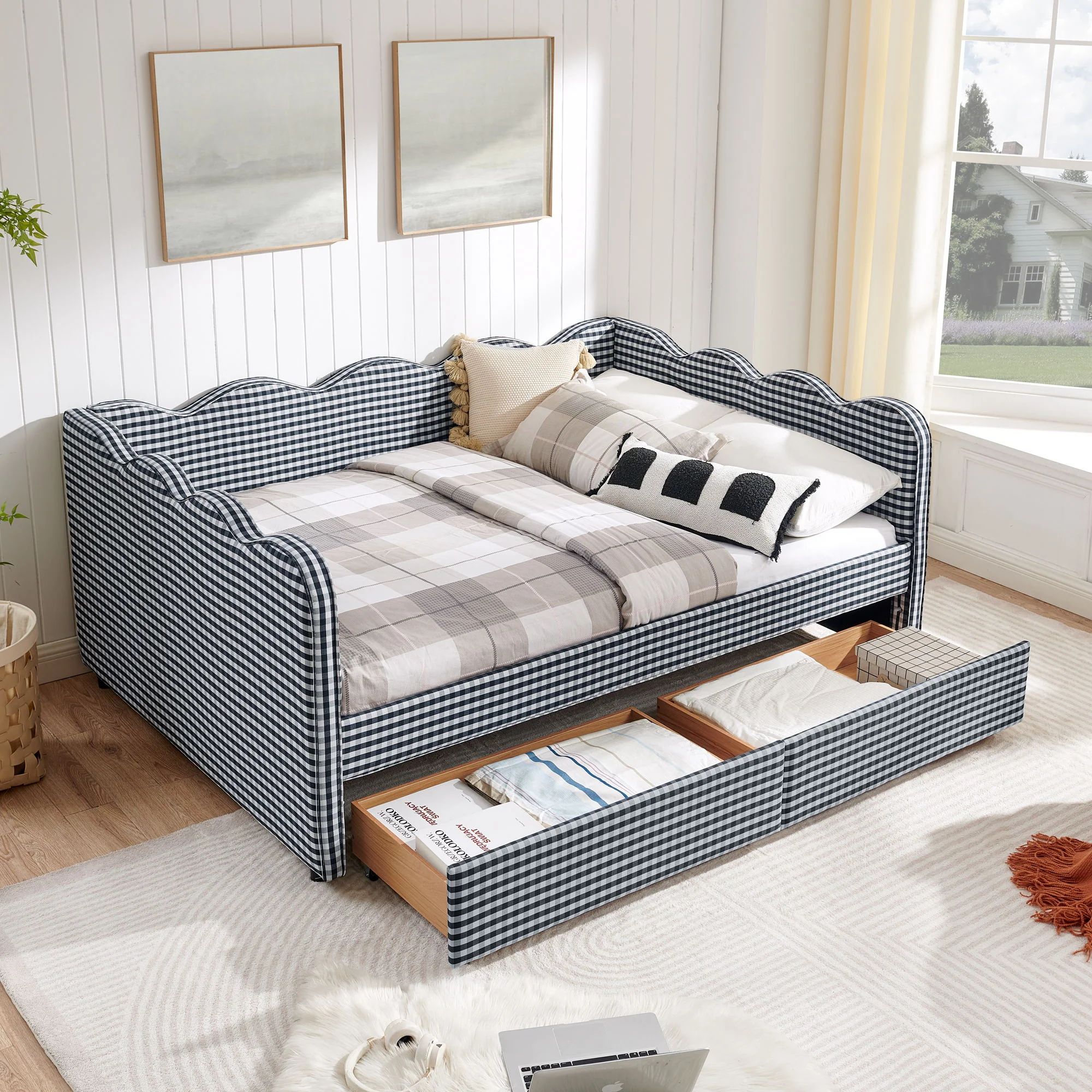 Gingham Daybed With USB Charging Port, Wave-Shaped Design - Image 117