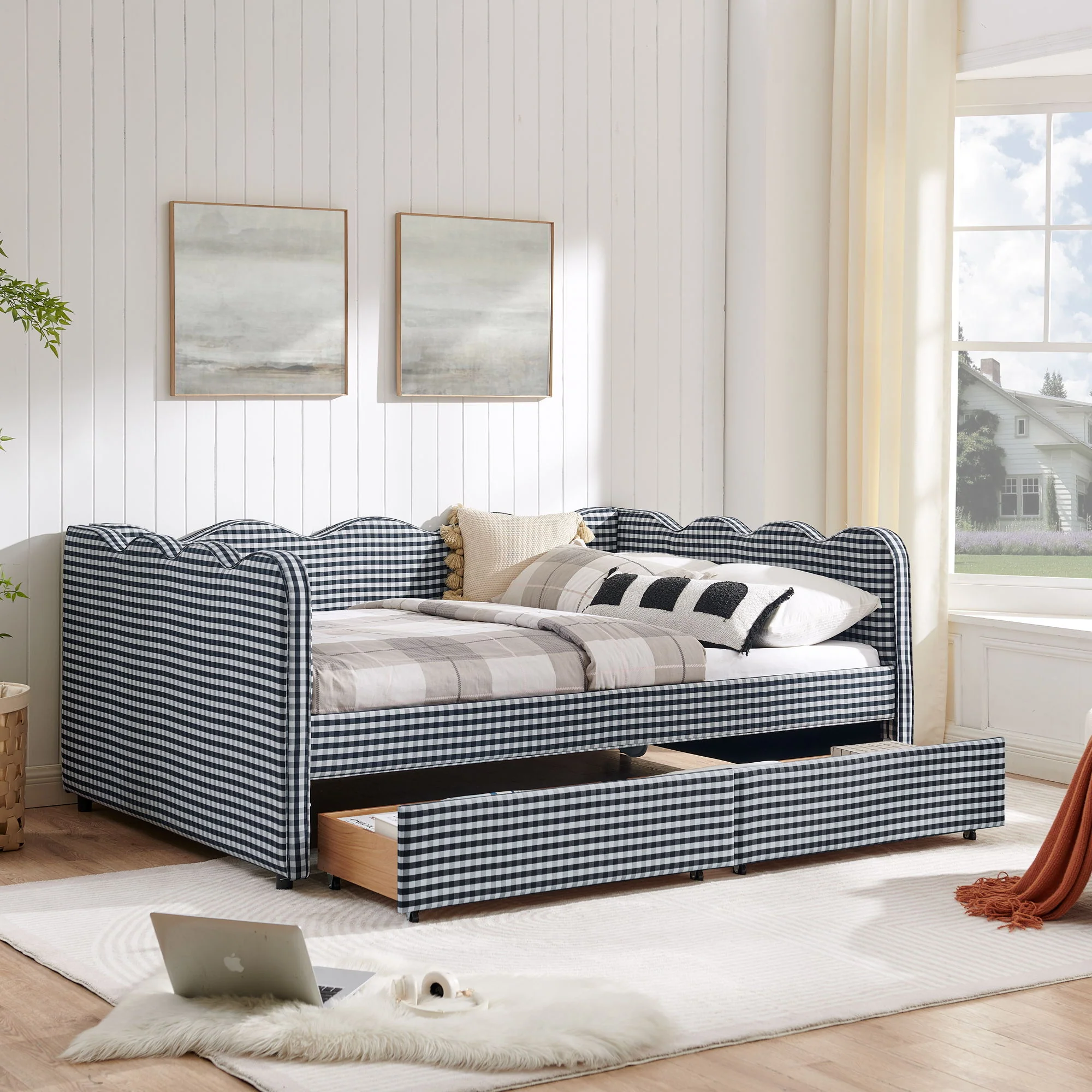 Gingham Daybed With USB Charging Port, Wave-Shaped Design - Image 118