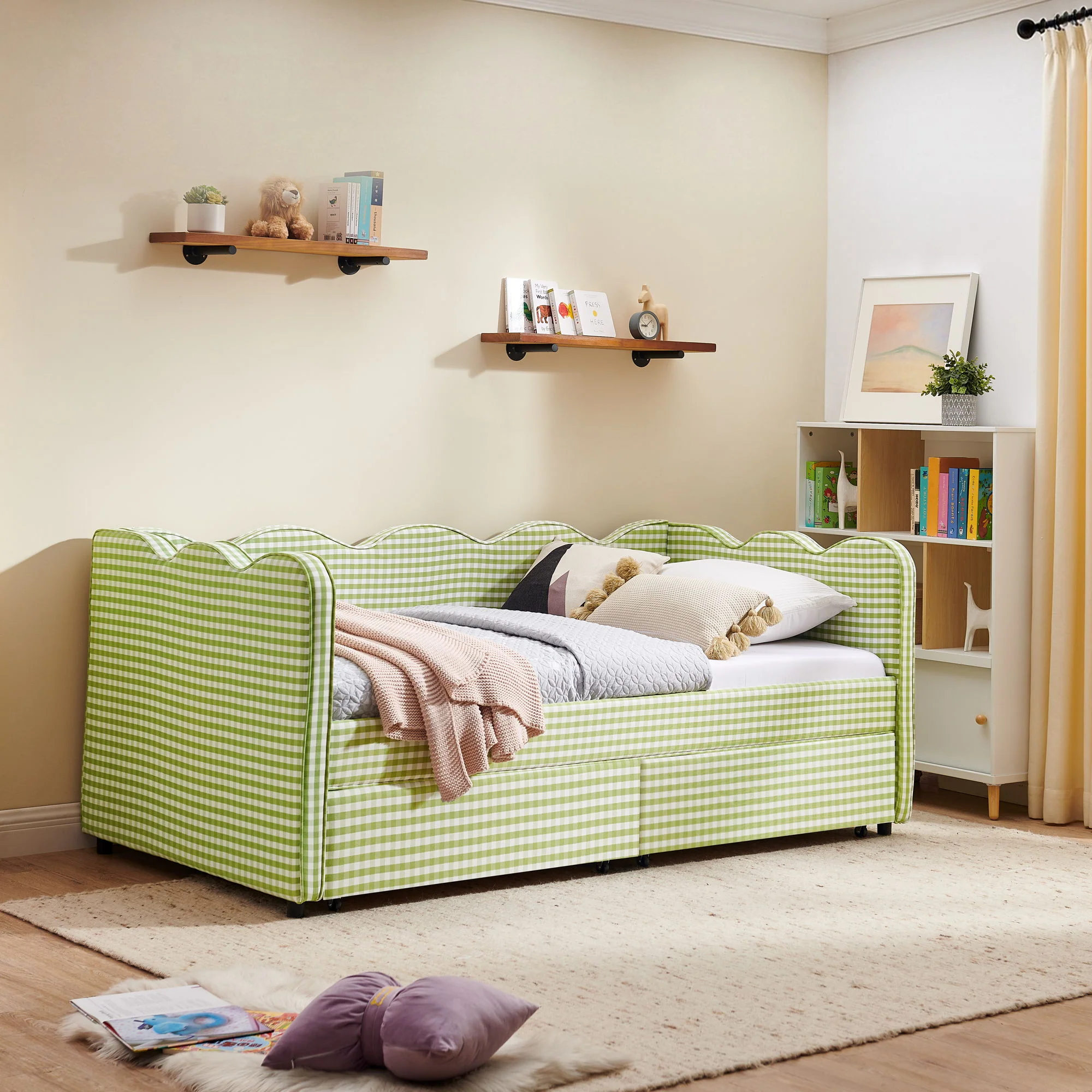 Gingham Daybed With USB Charging Port, Wave-Shaped Design - Image 123