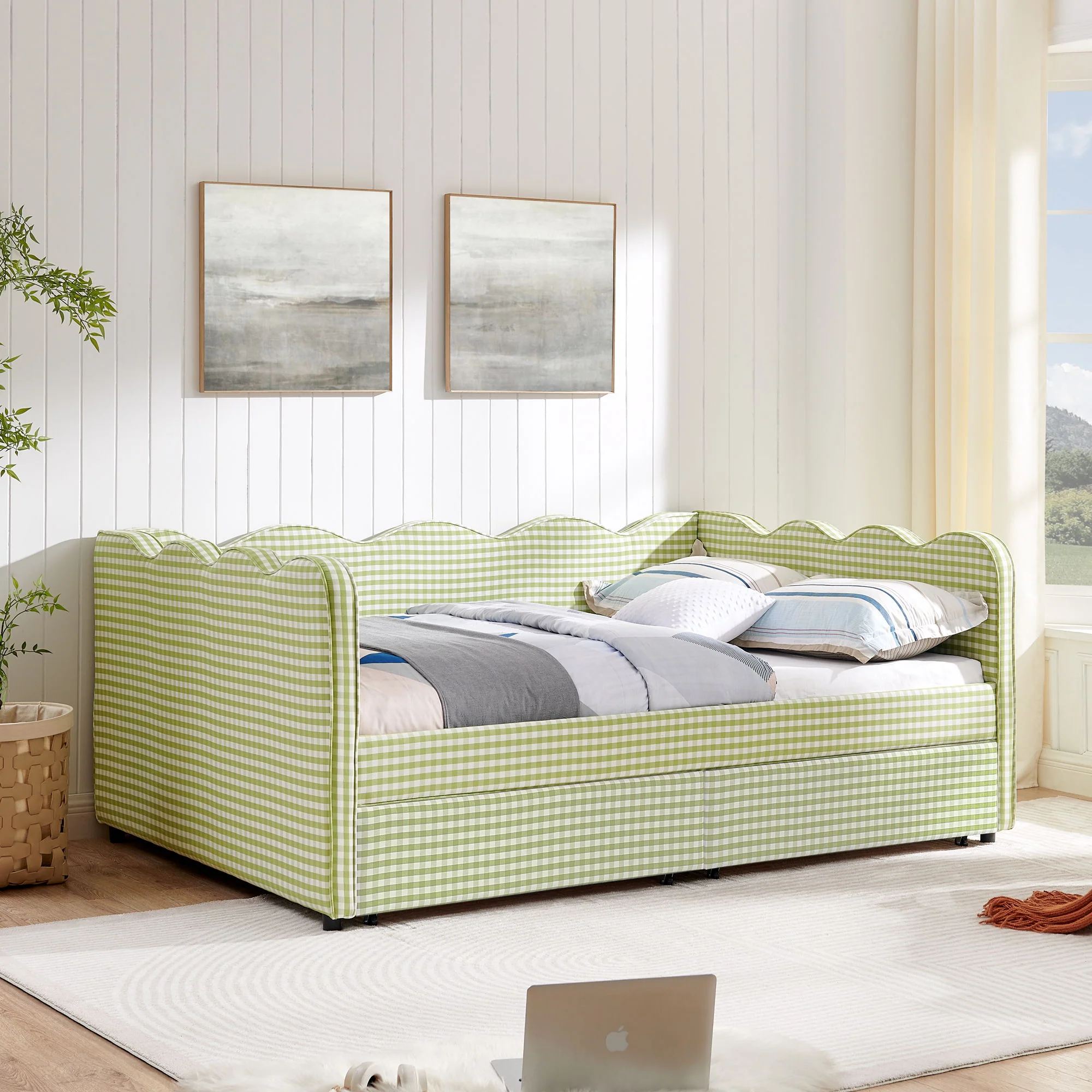 Gingham Daybed With USB Charging Port, Wave-Shaped Design - Image 124