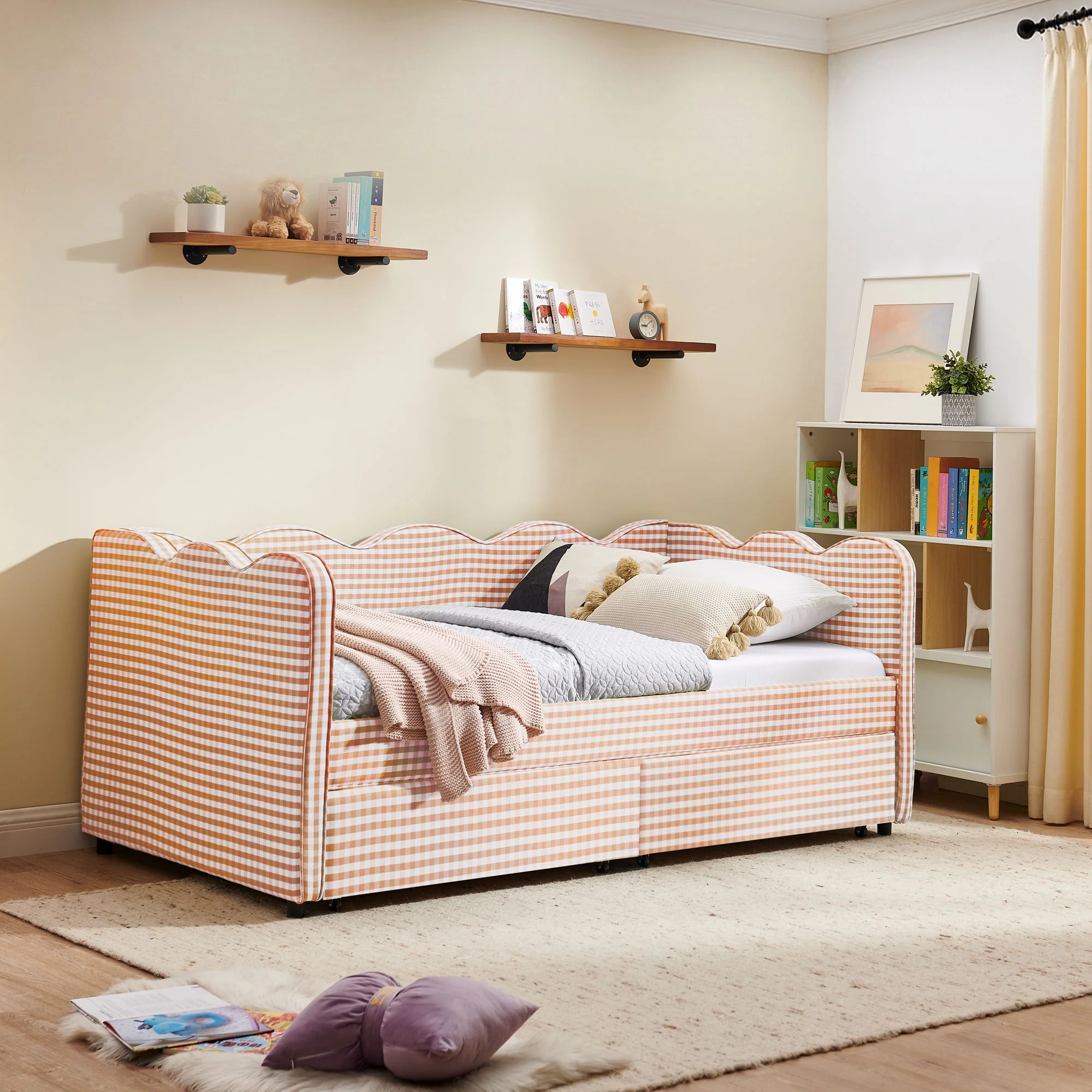 Gingham Daybed With USB Charging Port, Wave-Shaped Design - Image 130