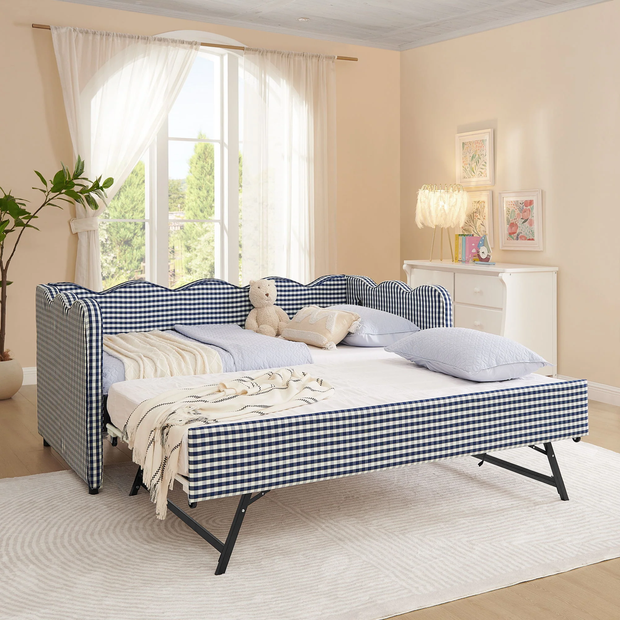 Gingham Daybed With USB Charging Port, Wave-Shaped Design - Image 131