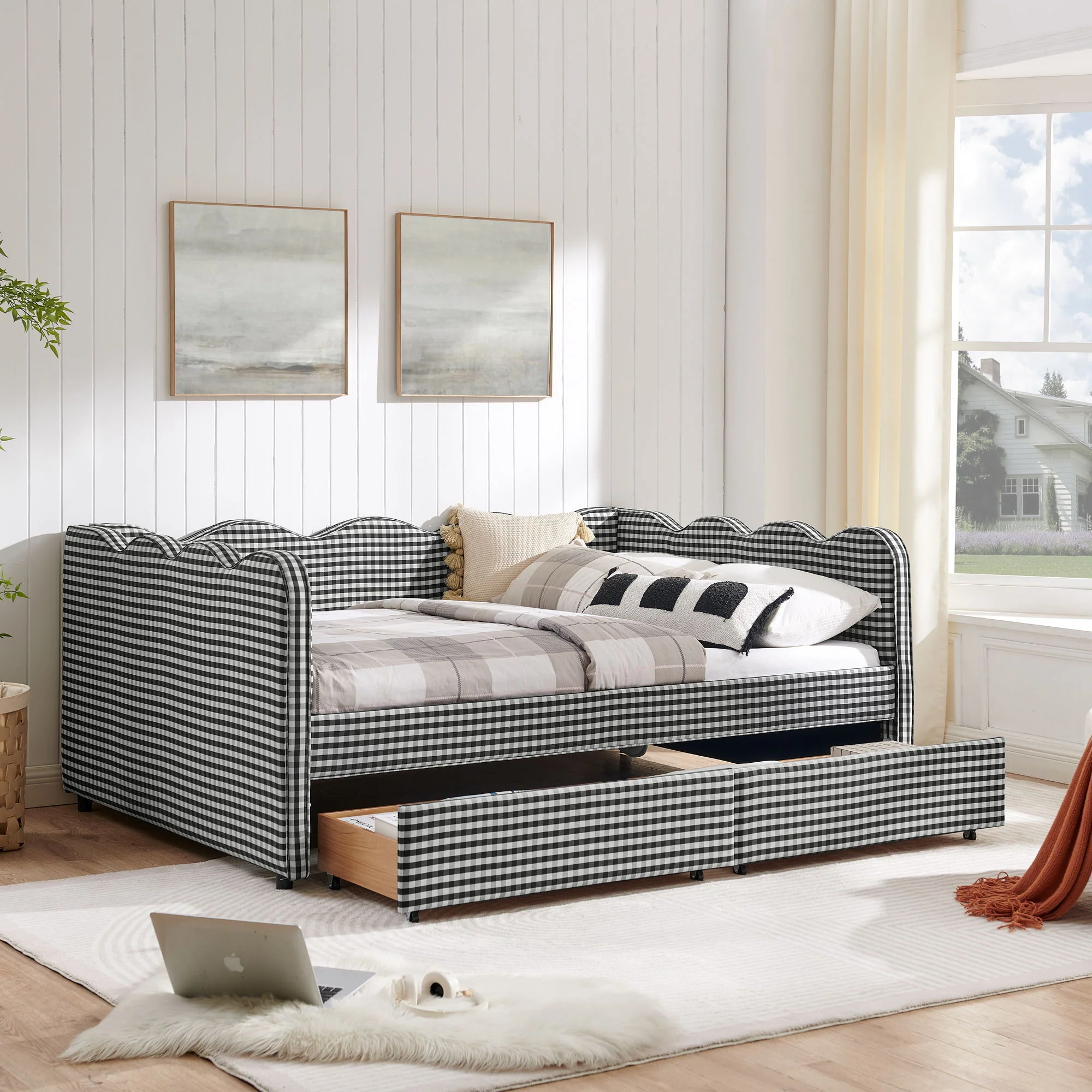 Gingham Daybed With USB Charging Port, Wave-Shaped Design - Image 144