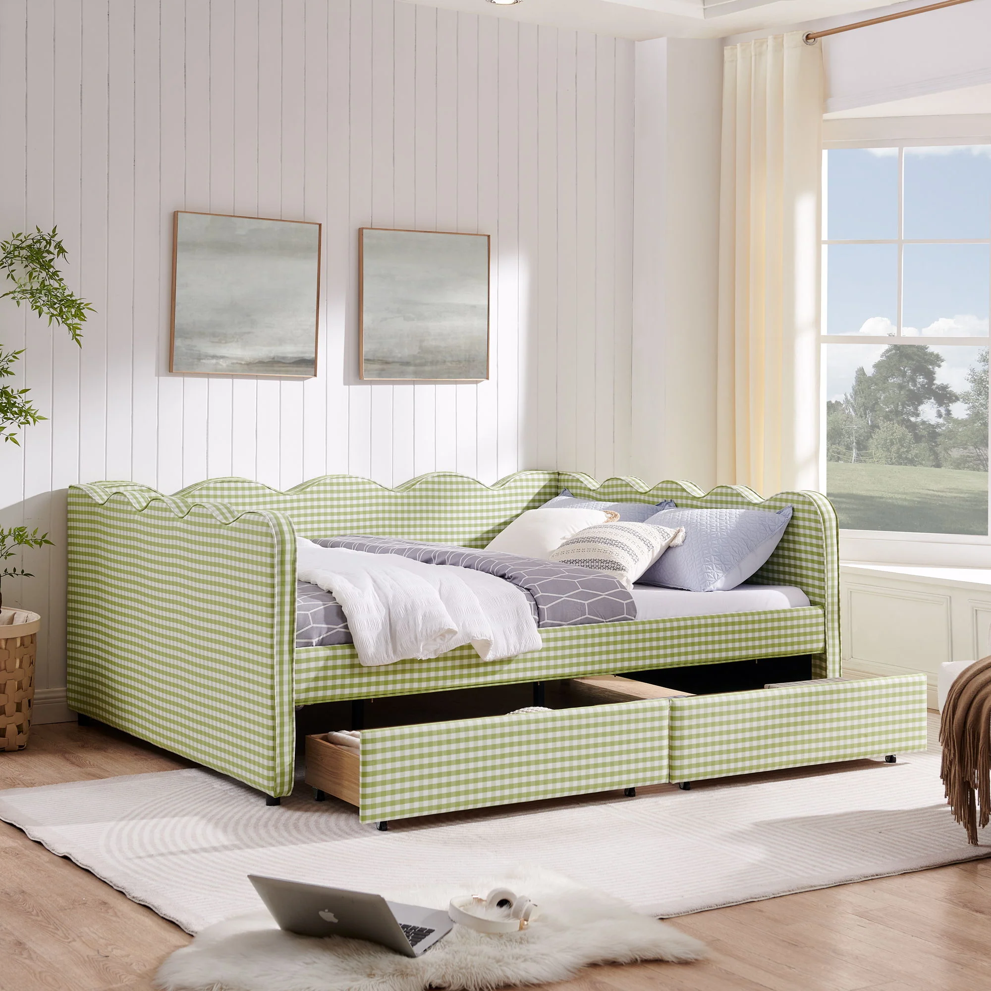 Gingham Daybed With USB Charging Port, Wave-Shaped Design - Image 24