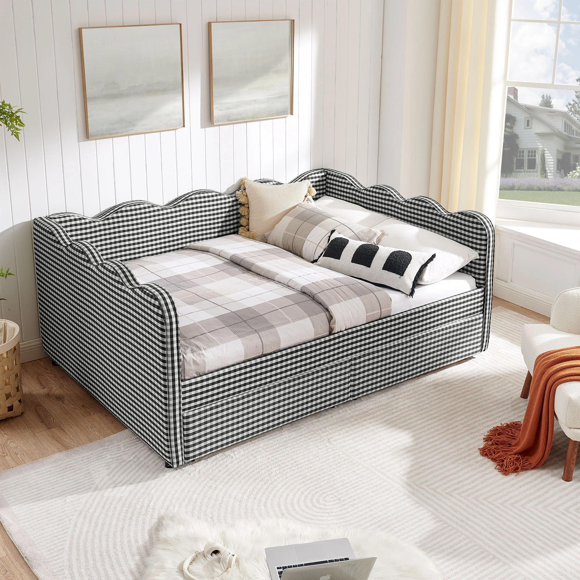 Gingham Daybed With USB Charging Port, Wave-Shaped Design - Image 28