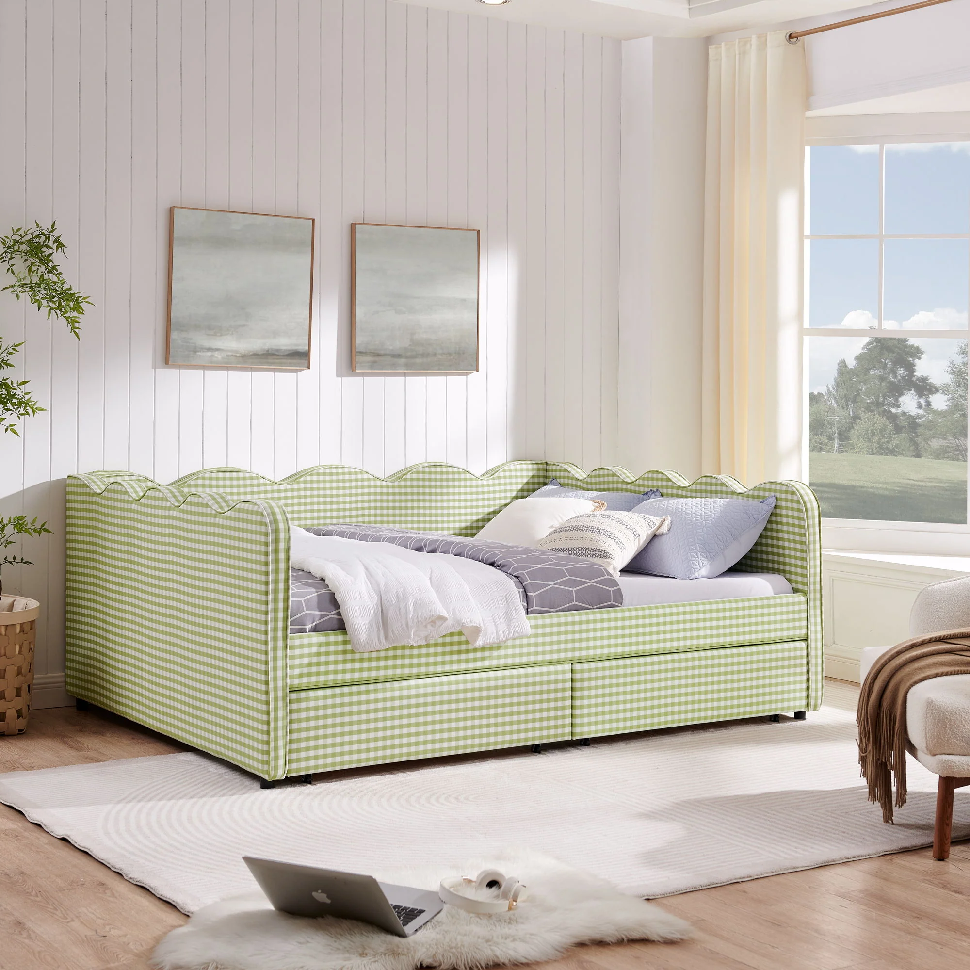 Gingham Daybed With USB Charging Port, Wave-Shaped Design - Image 39