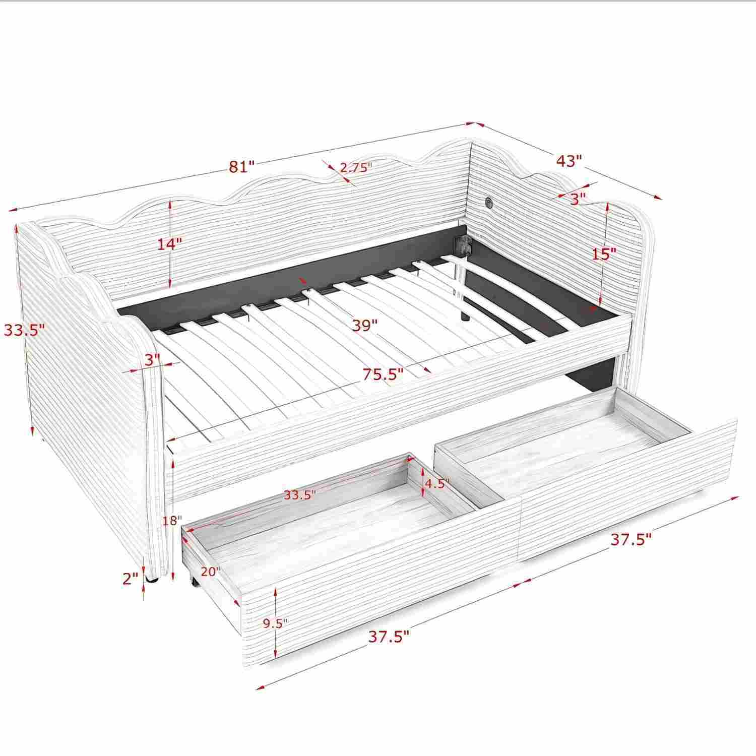 Gingham Daybed With USB Charging Port, Wave-Shaped Design - Image 48