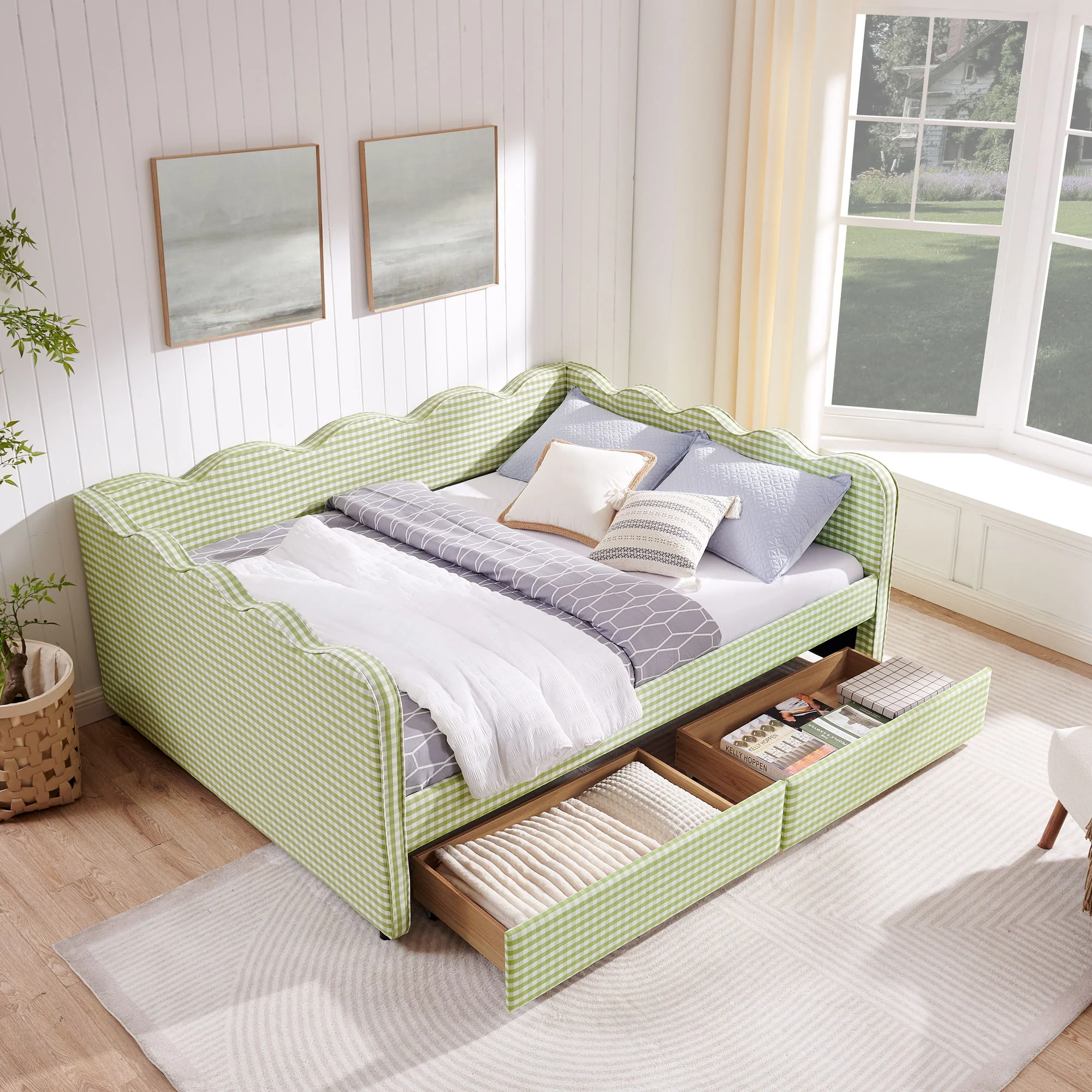 Gingham Daybed With USB Charging Port, Wave-Shaped Design - Image 55