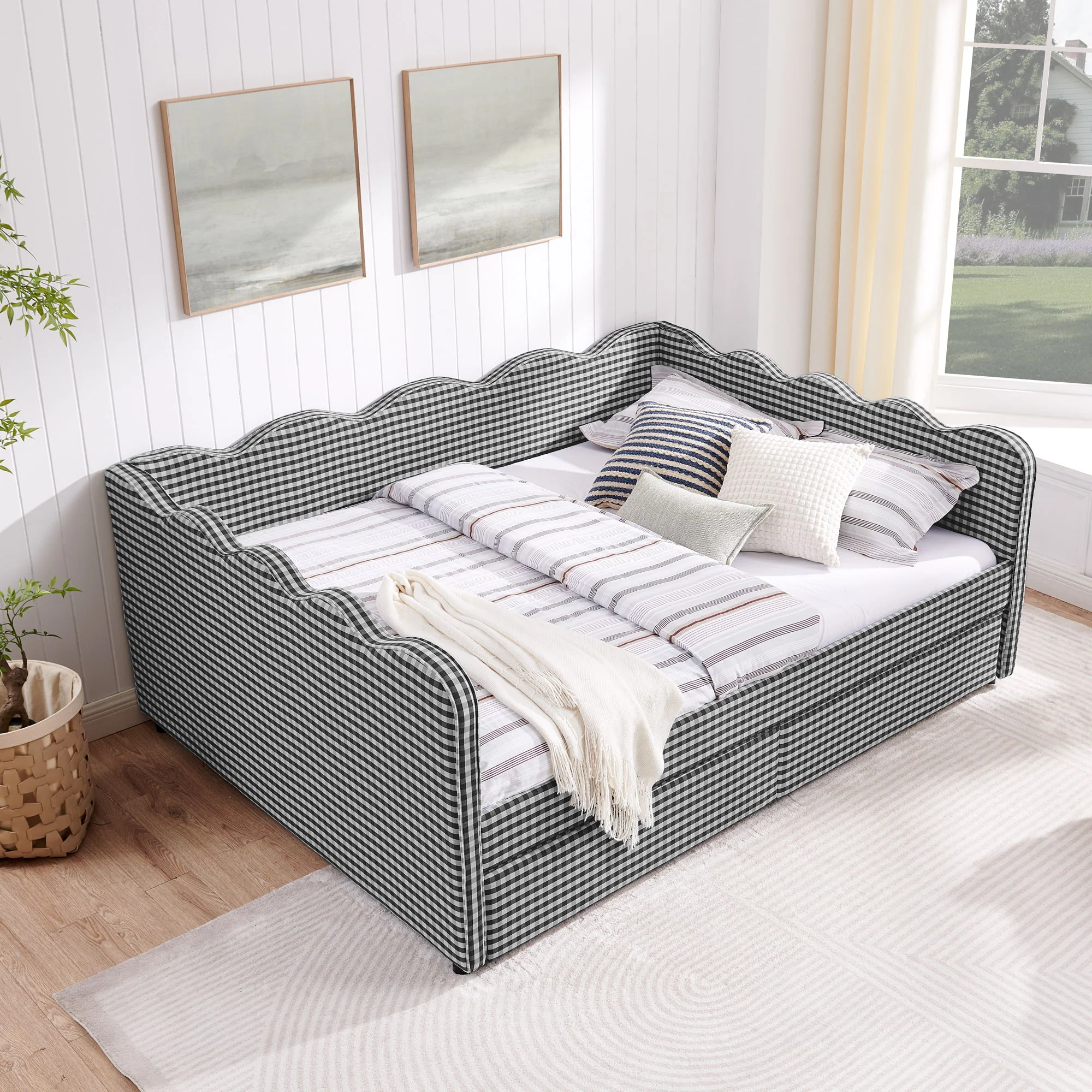 Gingham Daybed With USB Charging Port, Wave-Shaped Design - Image 65