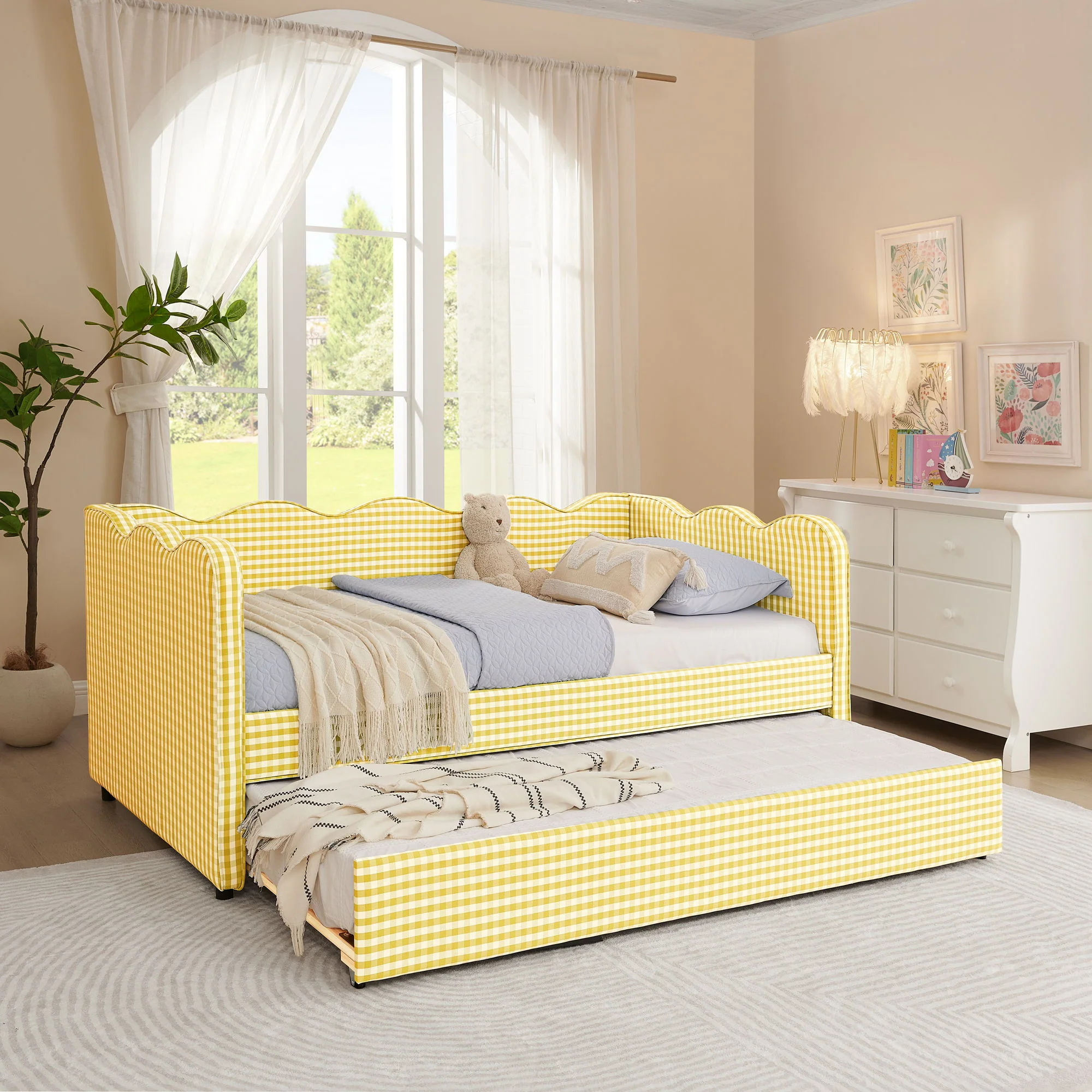 Gingham Daybed With USB Charging Port, Wave-Shaped Design - Image 92