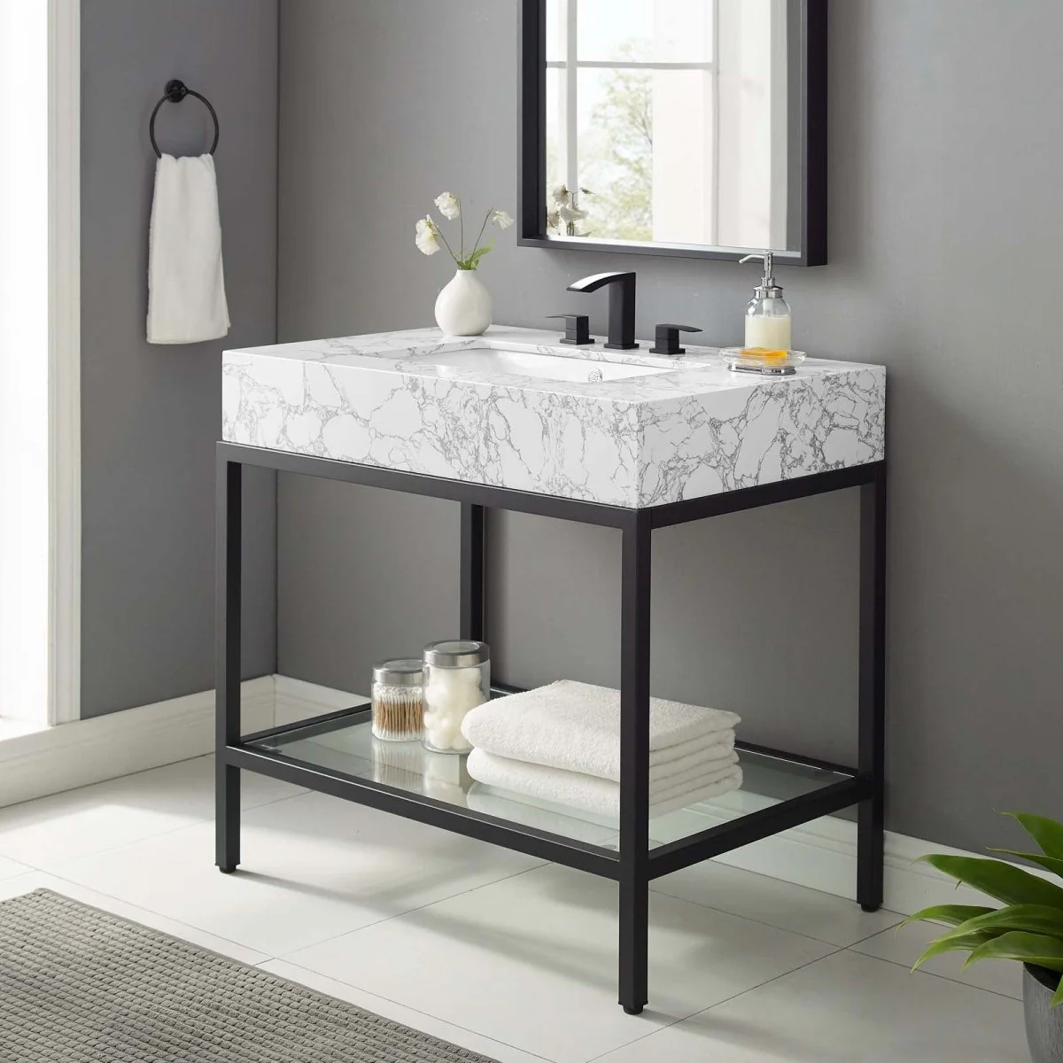 Glam Bathroom Vanity with Marble Basin & Glass Shelf – Contemporary Glam Design - Image 10