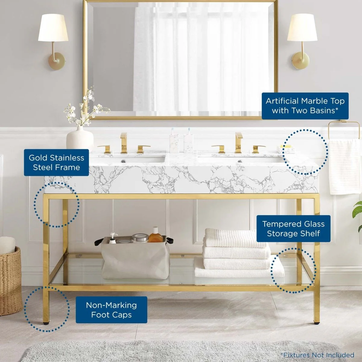 Glam Bathroom Vanity with Marble Basin & Glass Shelf – Contemporary Glam Design - Image 32