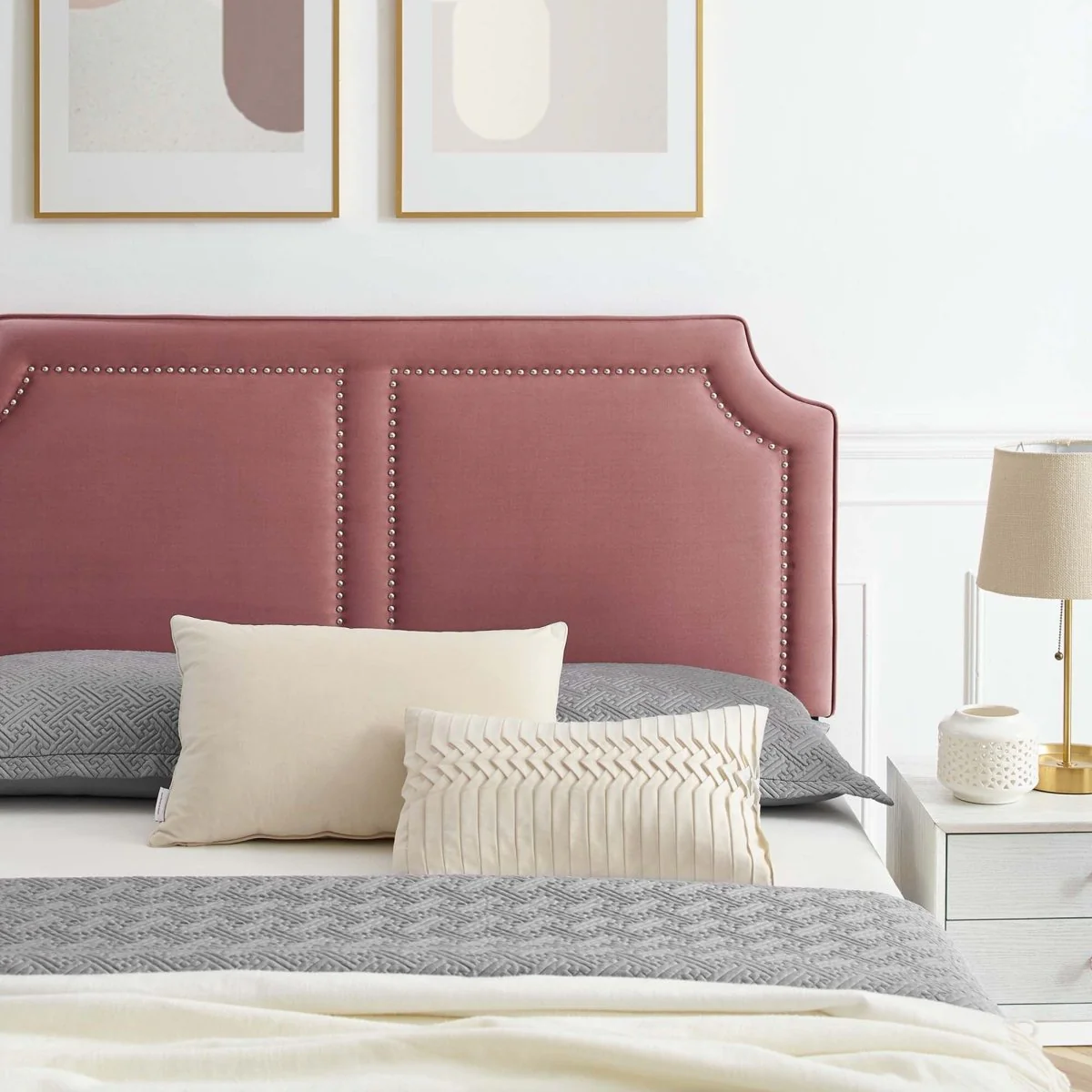 Glam Deco Performance Velvet King Platform Bed with Nailhead Trim in Dusty Rose - Image 3