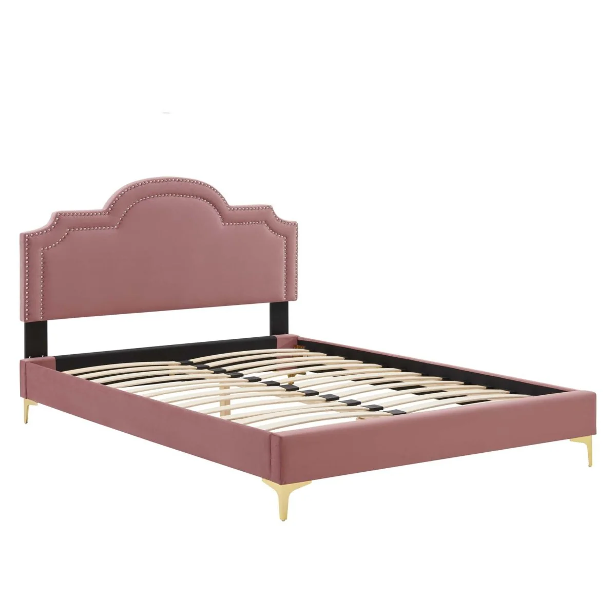 Glam Deco Performance Velvet King Platform Bed with Scalloped Headboard in Dusty Rose - Image 5