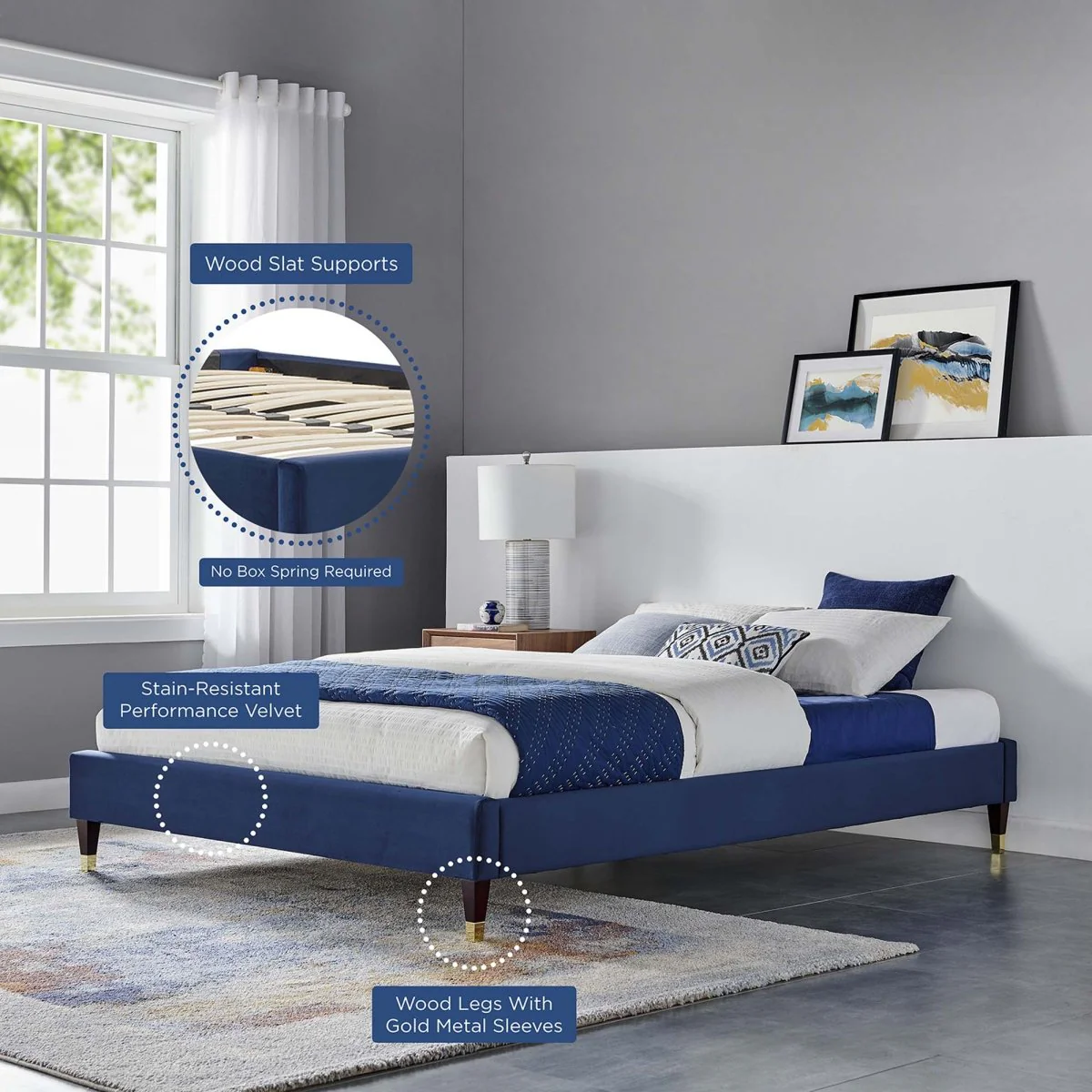 Glam Deco Performance Velvet Platform Bed Frame with Gold Detailed Wood Legs - Image 22