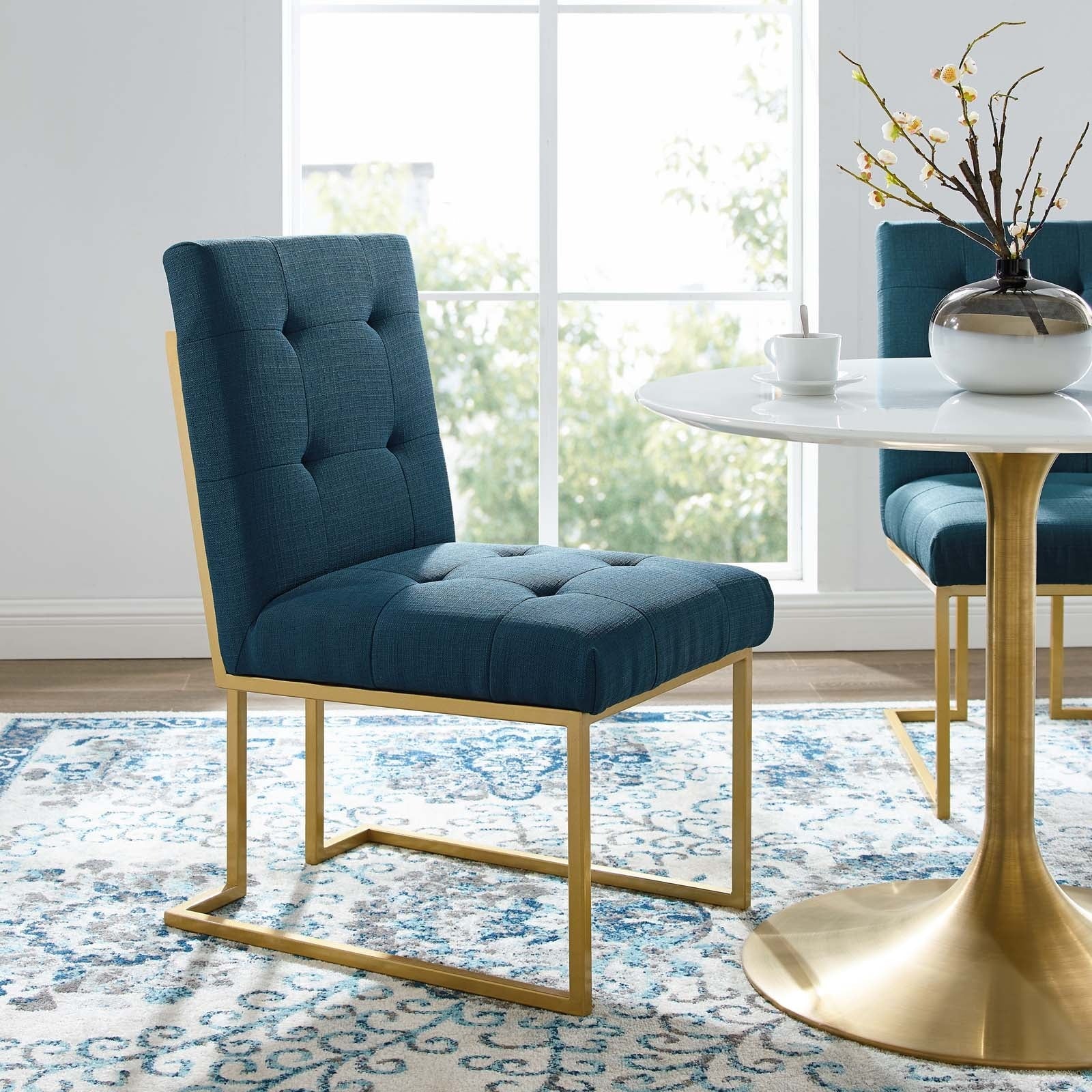 Glam Deco Upholstered Fabric Dining Accent Chair with Gold Metal Base - Image 4