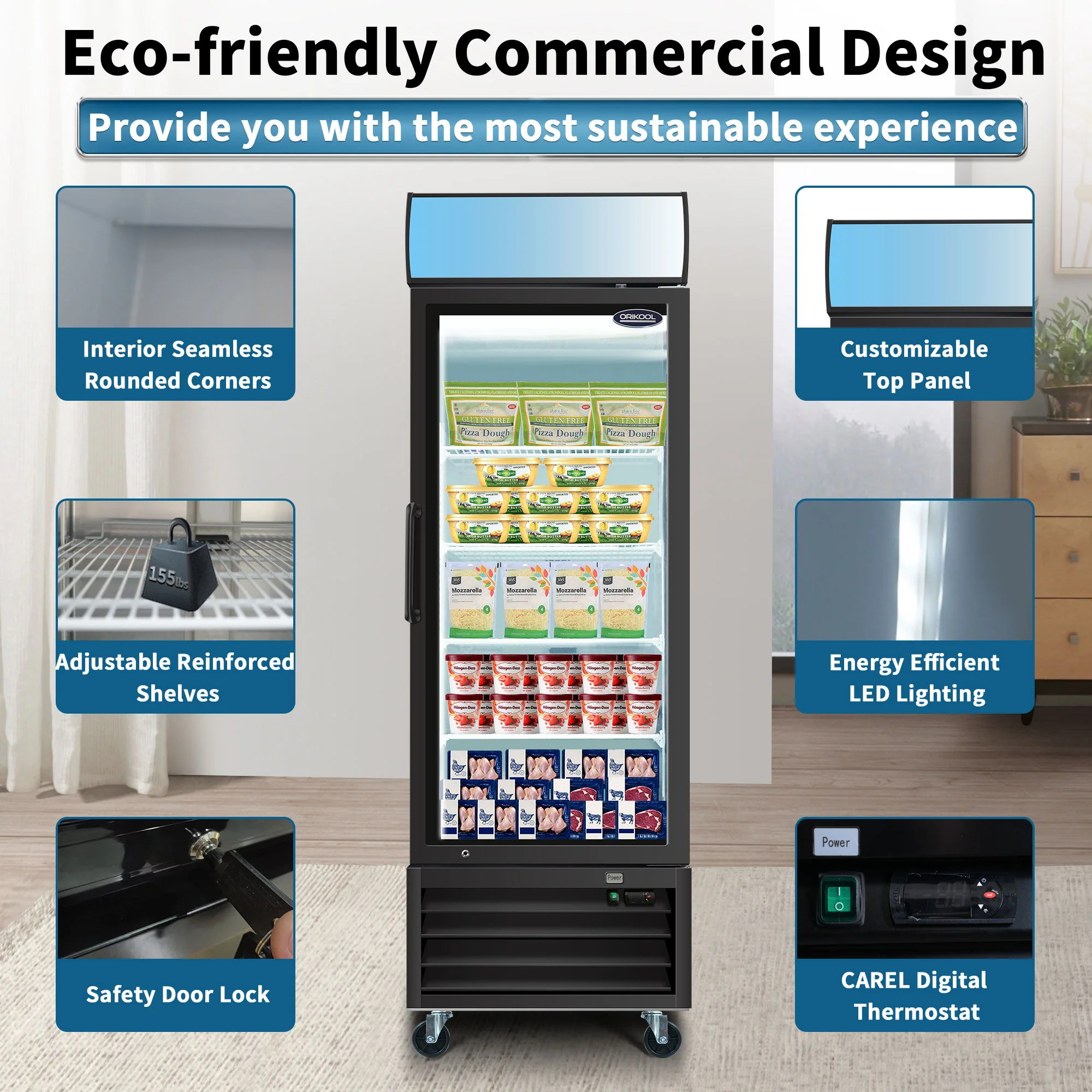 Glass Door Merchandiser Freezer Swing Door Commercial Reach-In Display Freezers With LED Top Panel Upright Freeze Storage - Image 3