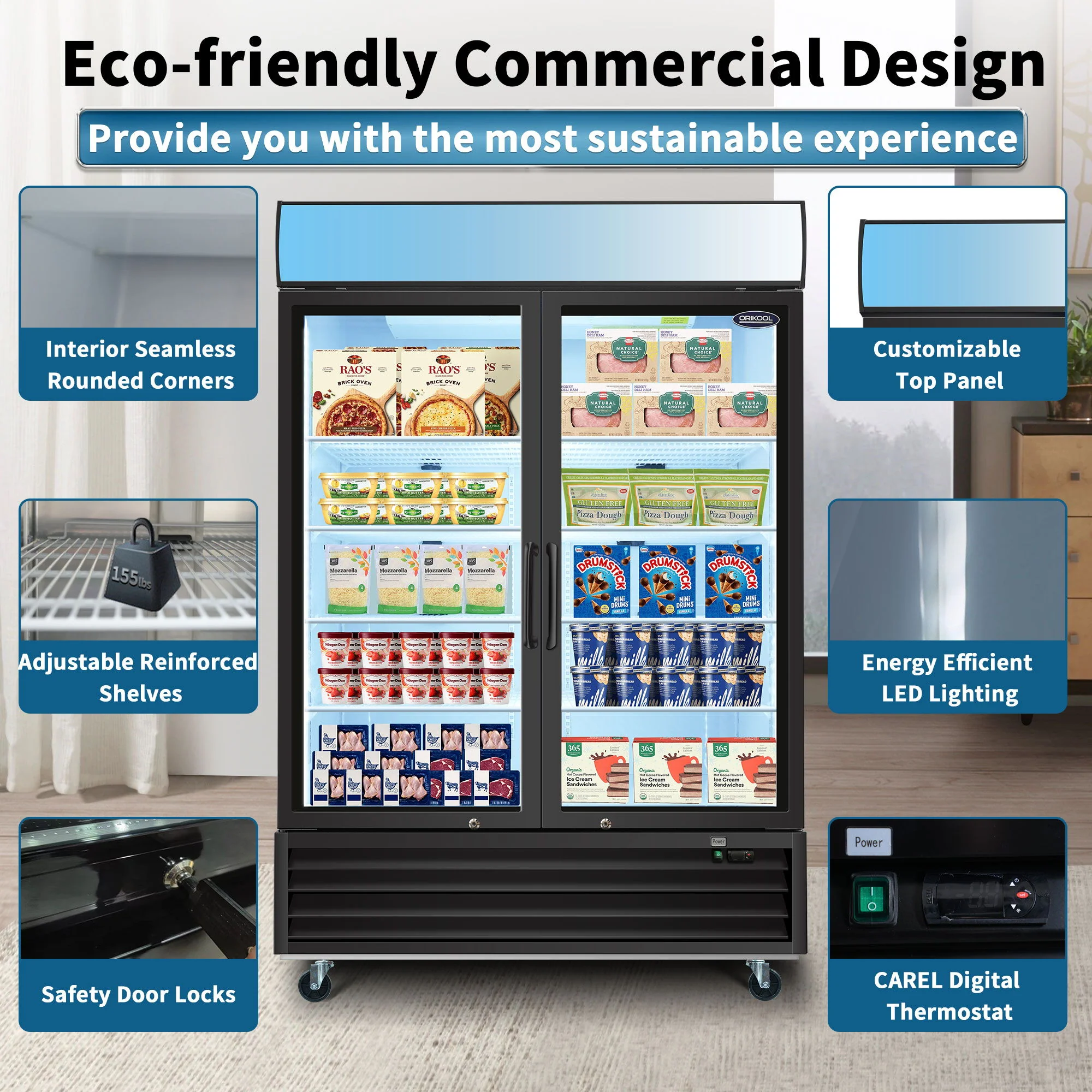 Glass Door Merchandiser Freezer Swing Door Commercial Reach-In Display Freezers With LED Top Panel Upright Freeze Storage - Image 8