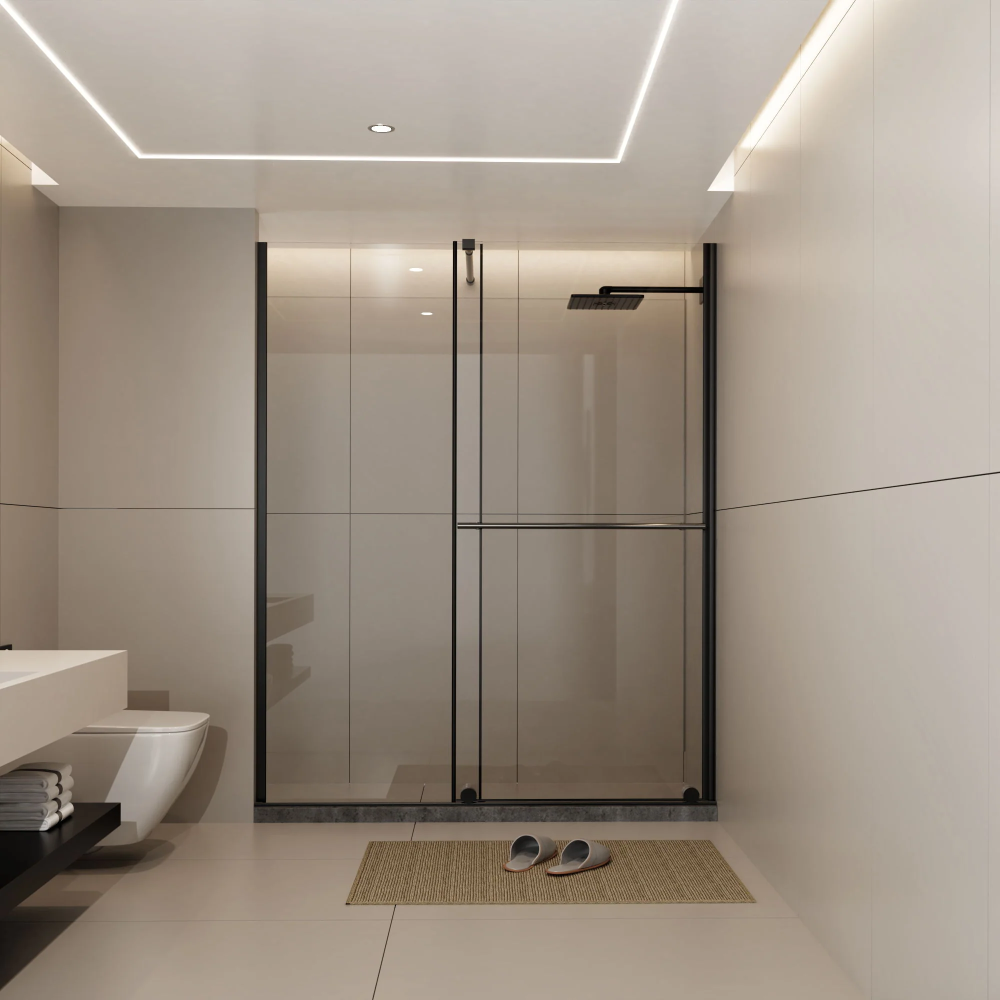 Glass Shower Door, Shower Sliding Door Walk In Shower Screen Dual Usage, 1 / 4" Thick Glass Panel With Stainless Steel Handle, Supporting Bar - Black - Image 8