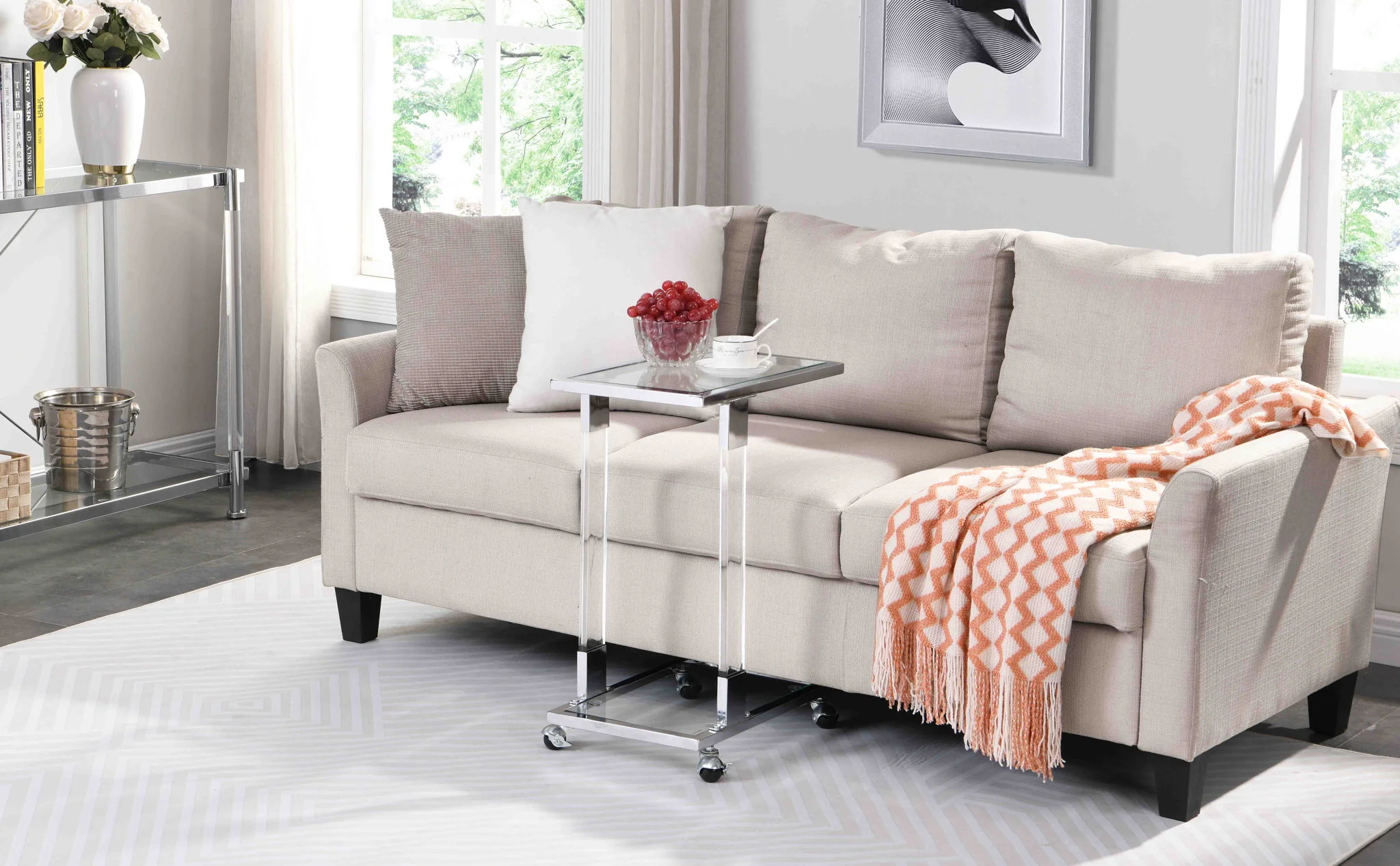 Glass Top C Shape Square Table With Metal Base For Living Room - Image 10