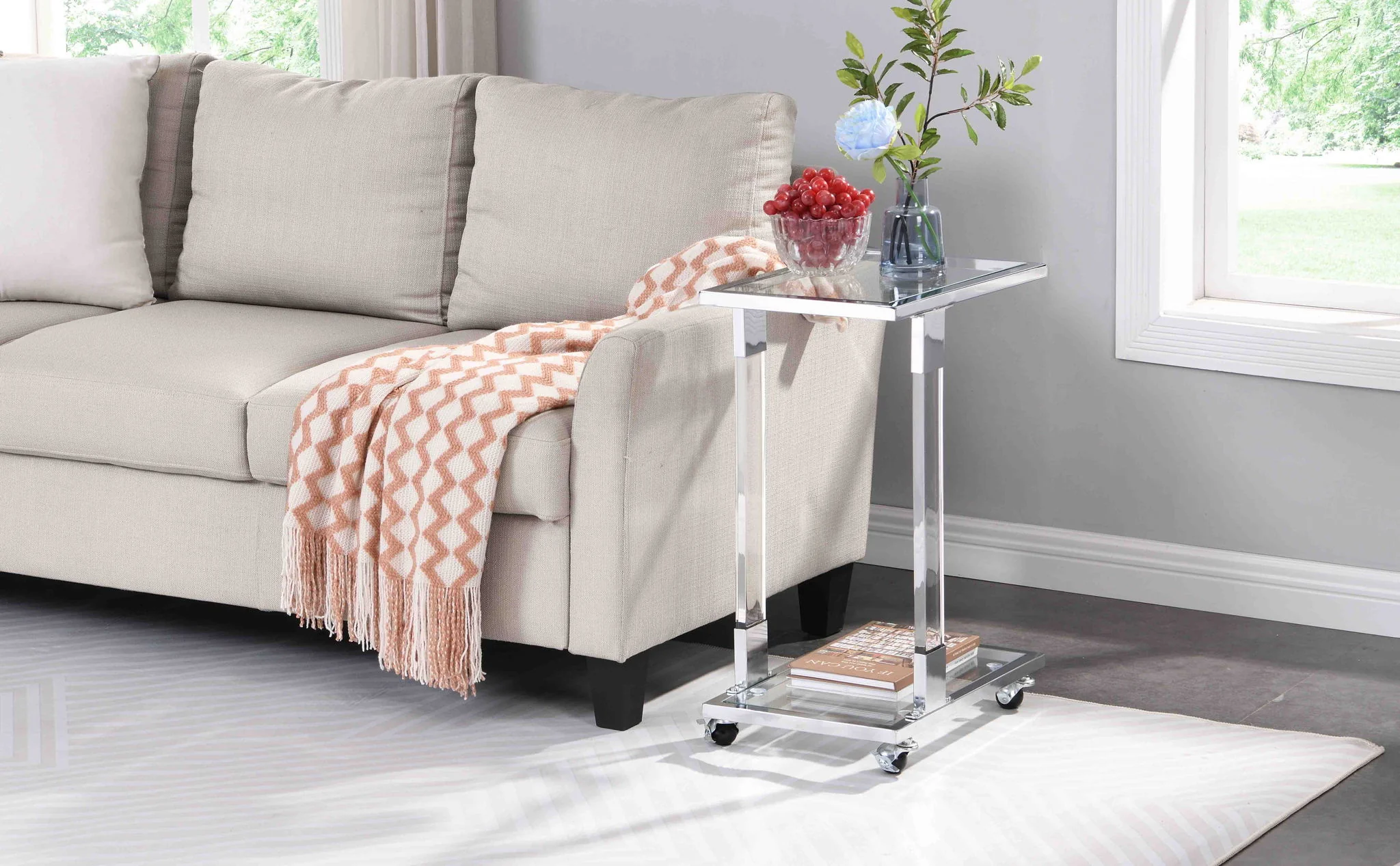 Glass Top C Shape Square Table With Metal Base For Living Room - Image 16