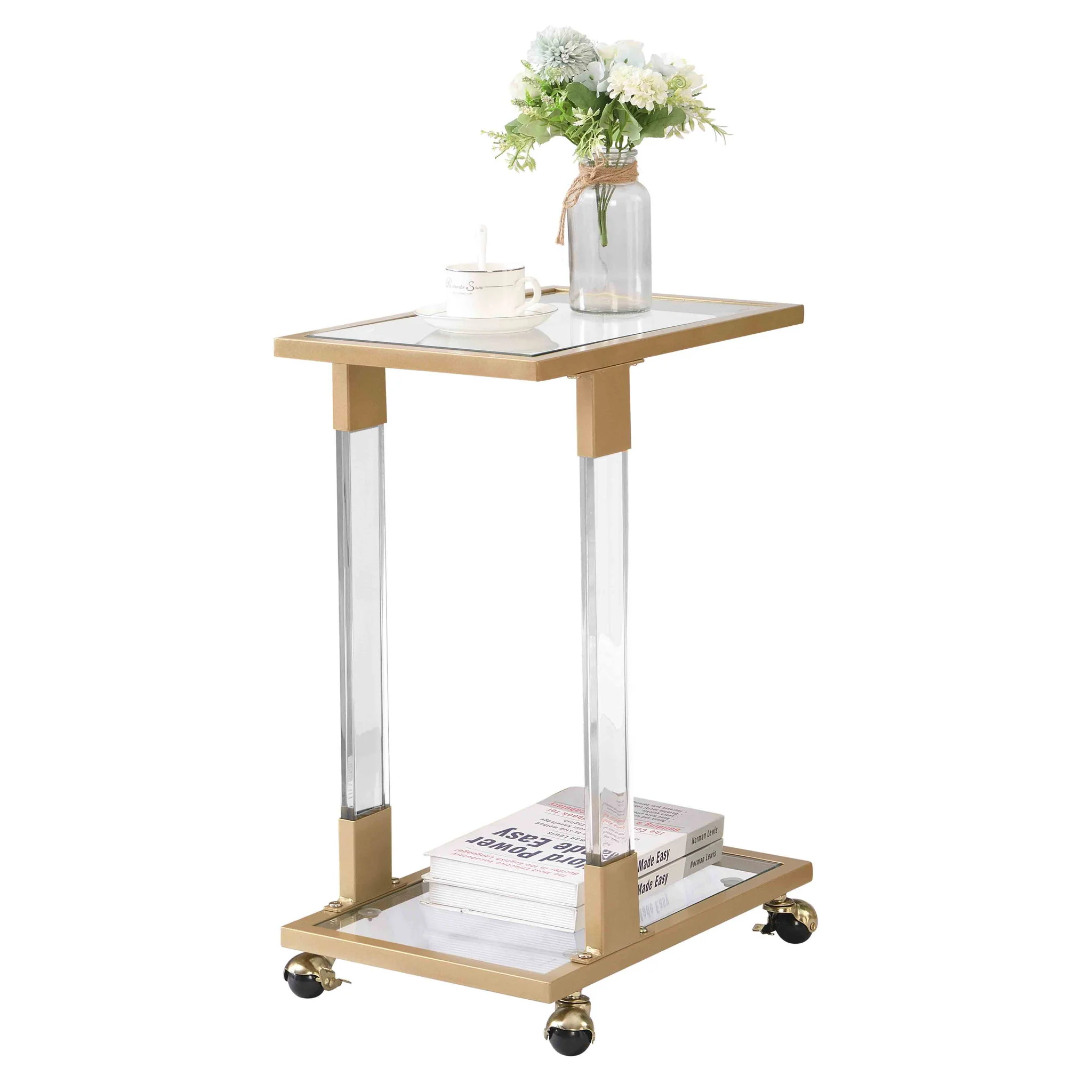 Glass Top C Shape Square Table With Metal Base For Living Room - Image 17
