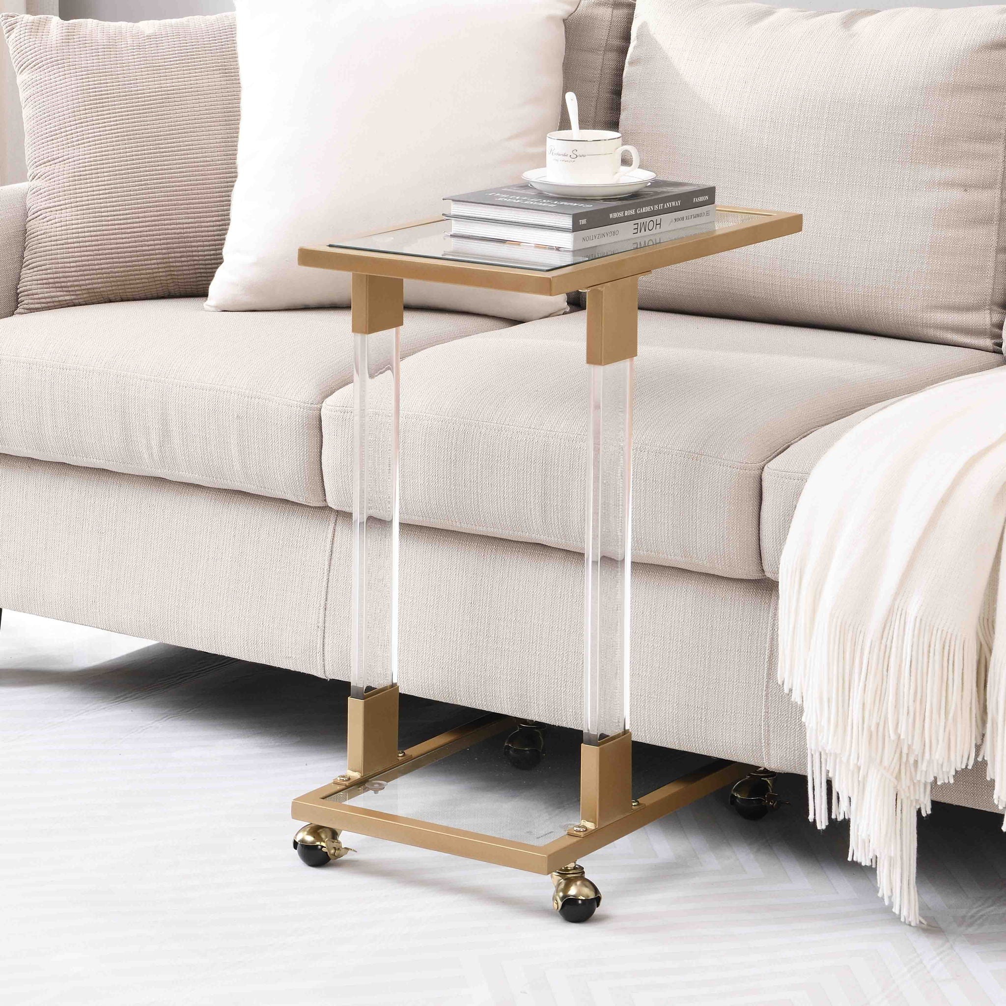 Glass Top C Shape Square Table With Metal Base For Living Room - Image 8