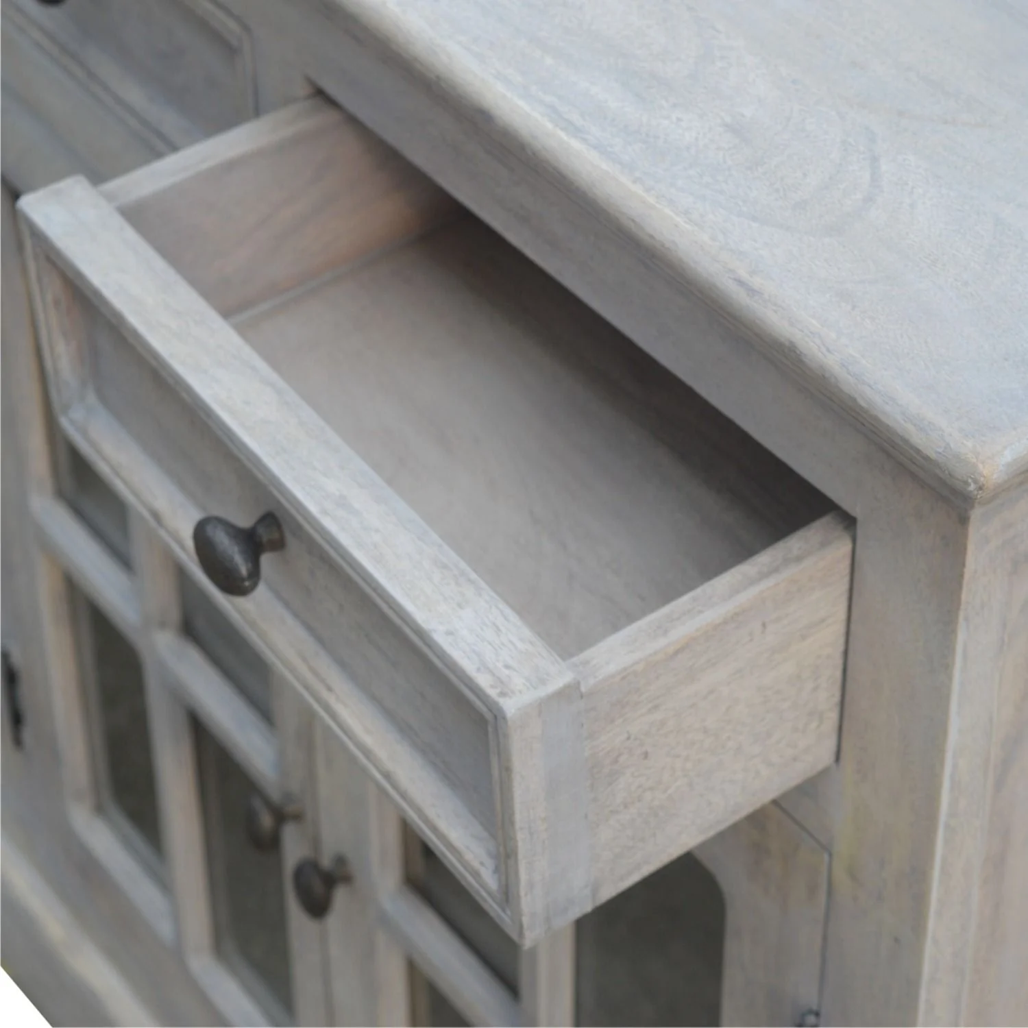 Glazed Sideboard Buffet Storage Cabinet Solid Mango Wood 65x35in Gray - Image 9