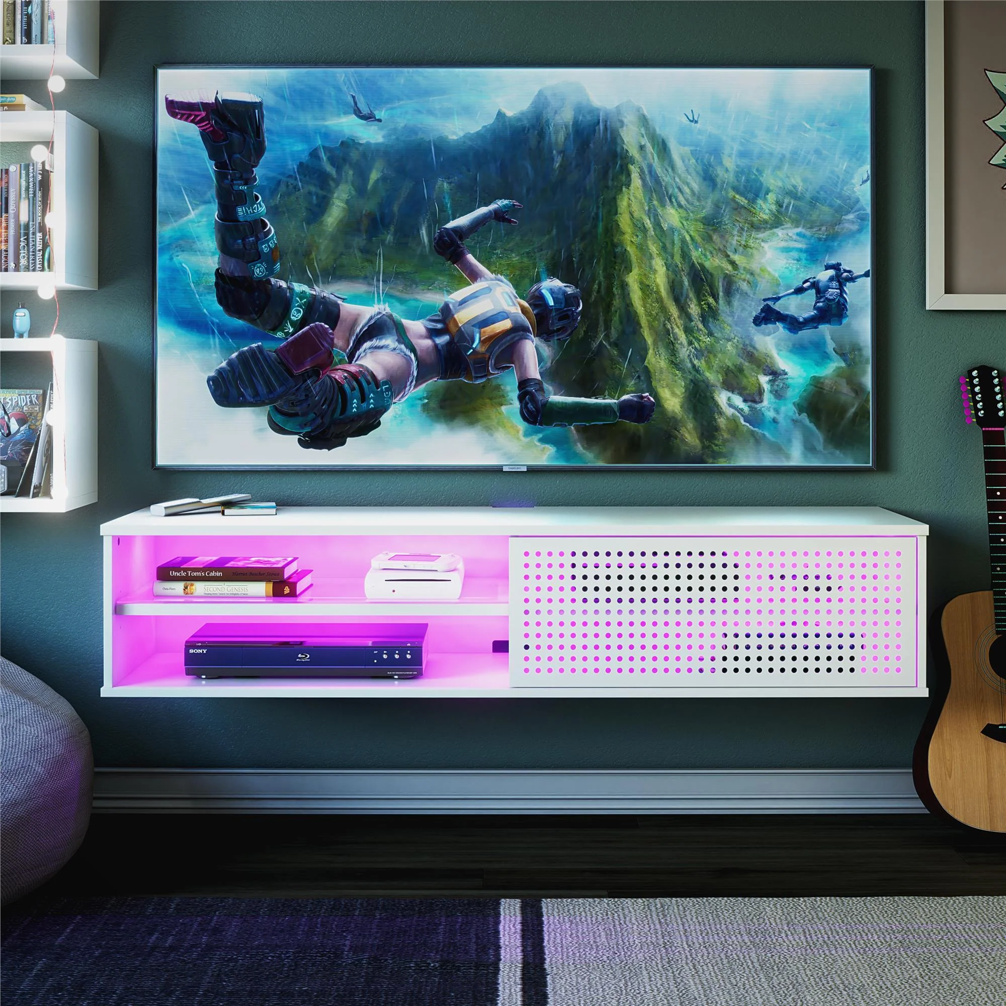 Glitch - Floating TV Stand For TVs Up To 60" With RGB Lighting And Sliding Door - White - Image 8