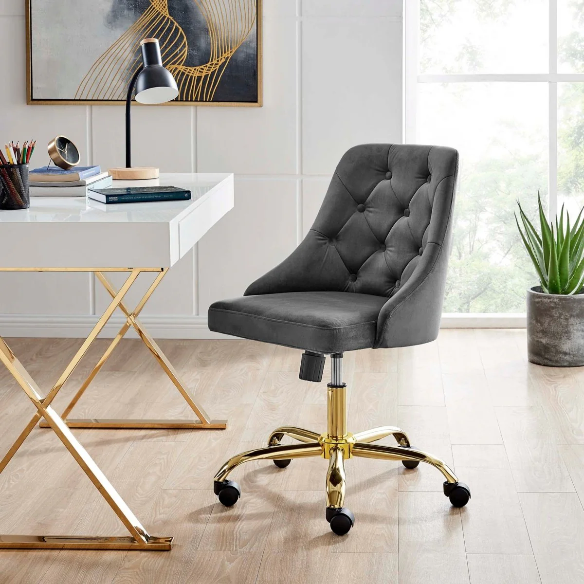 Gold Gray Tufted Velvet Office Chair – Swivel Design - Image 9