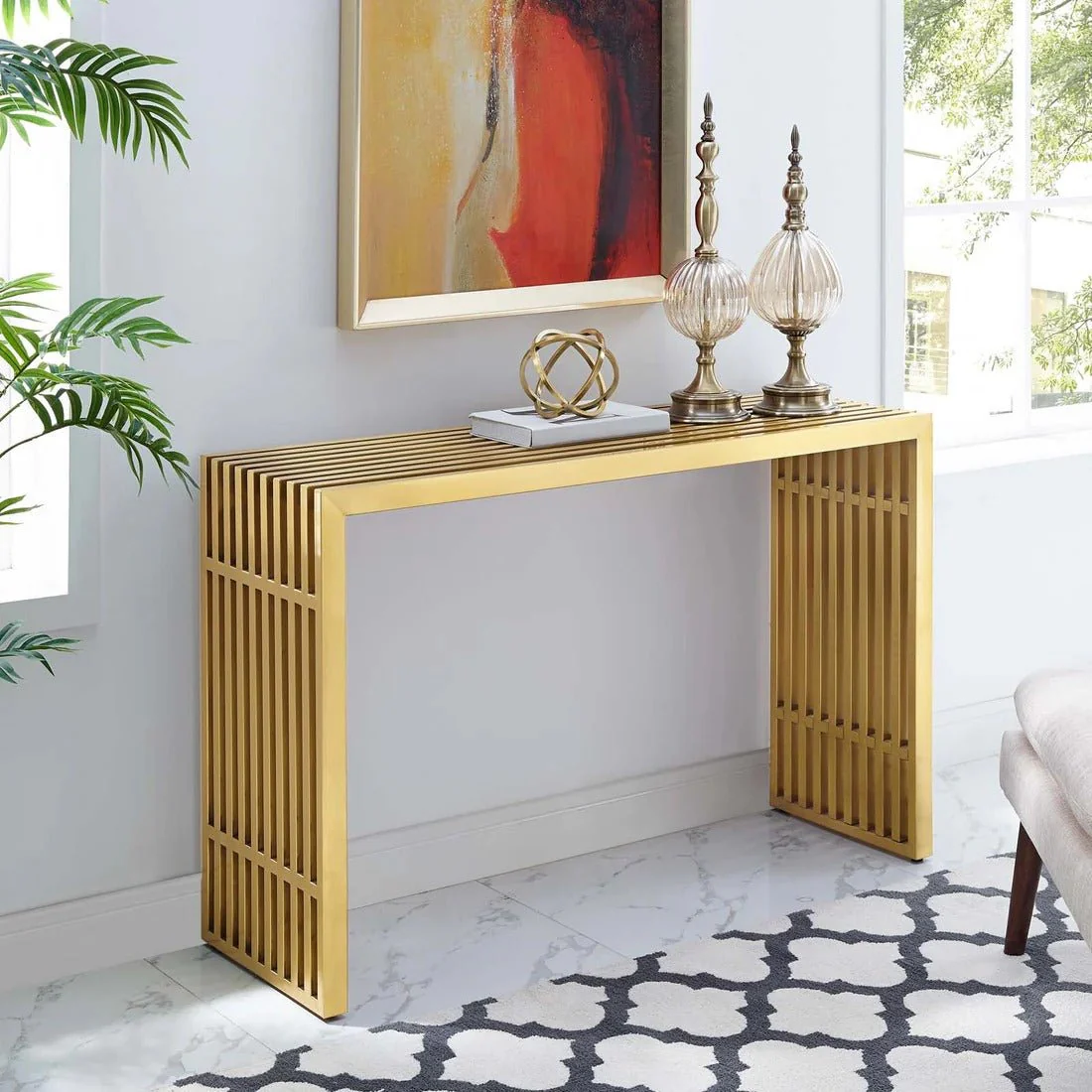 Gold Stainless Steel Console Table – Tubular Frame 47 Inch - Image 6