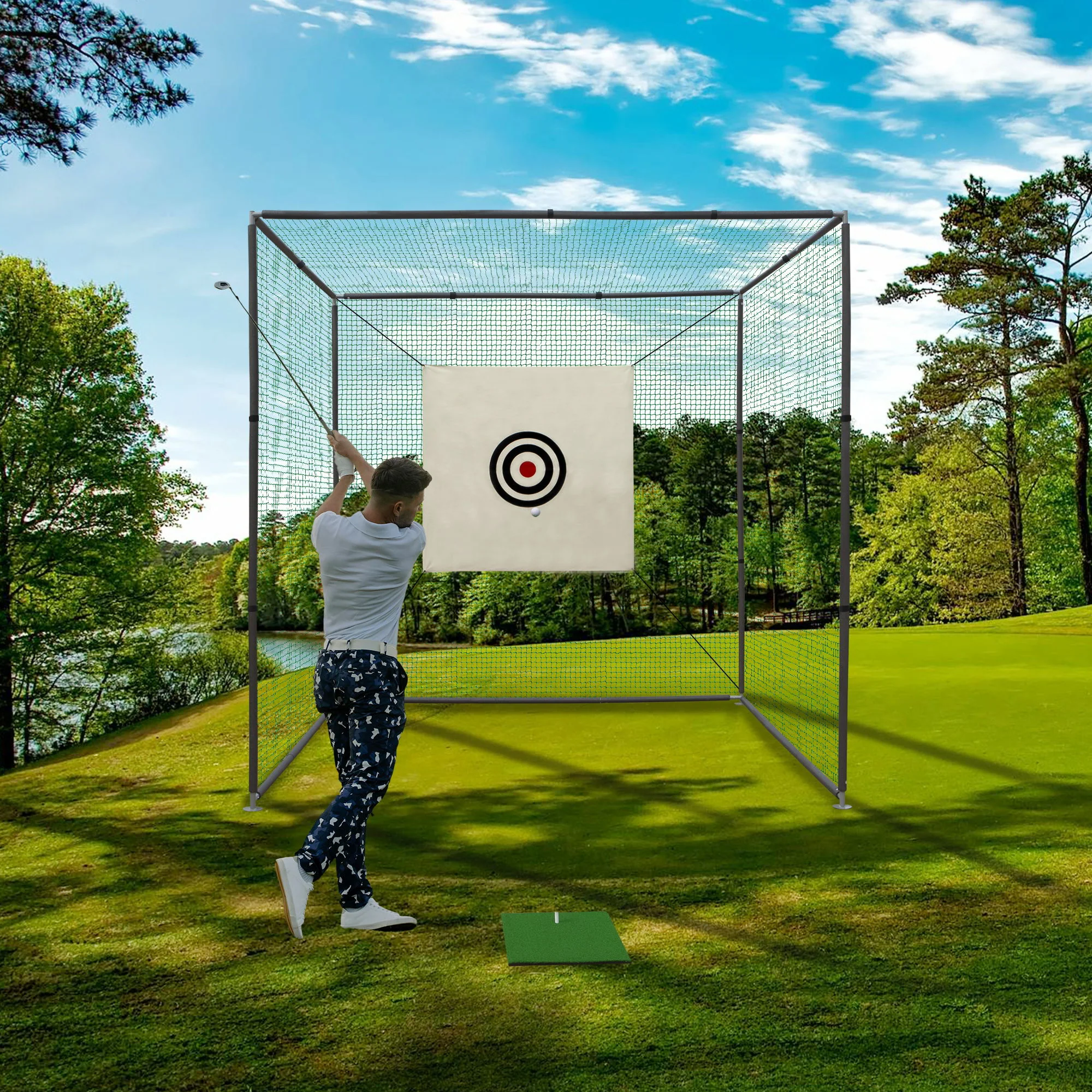 Golf Practice Net Cage With Metal Frame Hitting Net Kit Indoor Outdoor - Black - Image 4