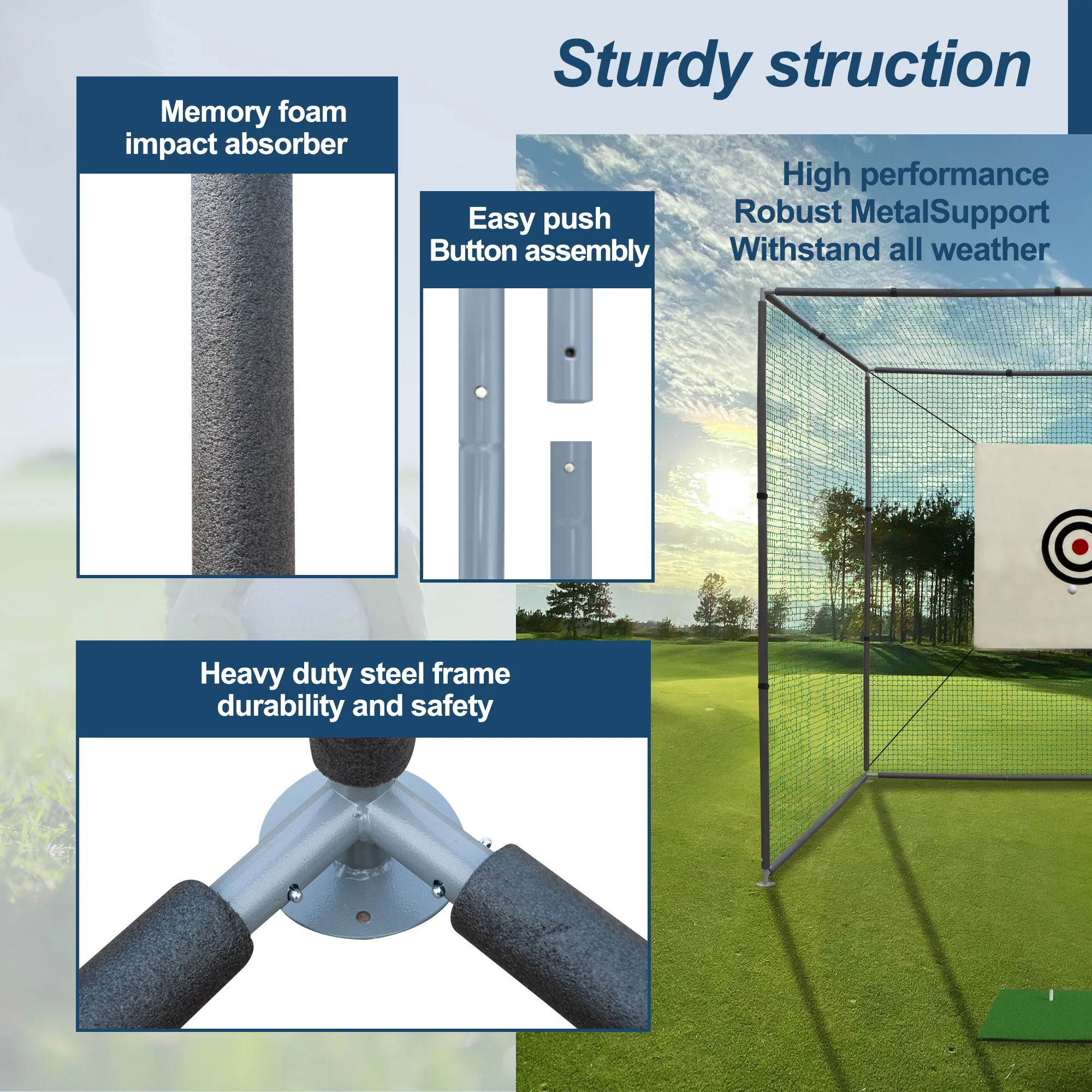 Golf Practice Net Cage With Metal Frame Hitting Net Kit Indoor Outdoor - Black - Image 7