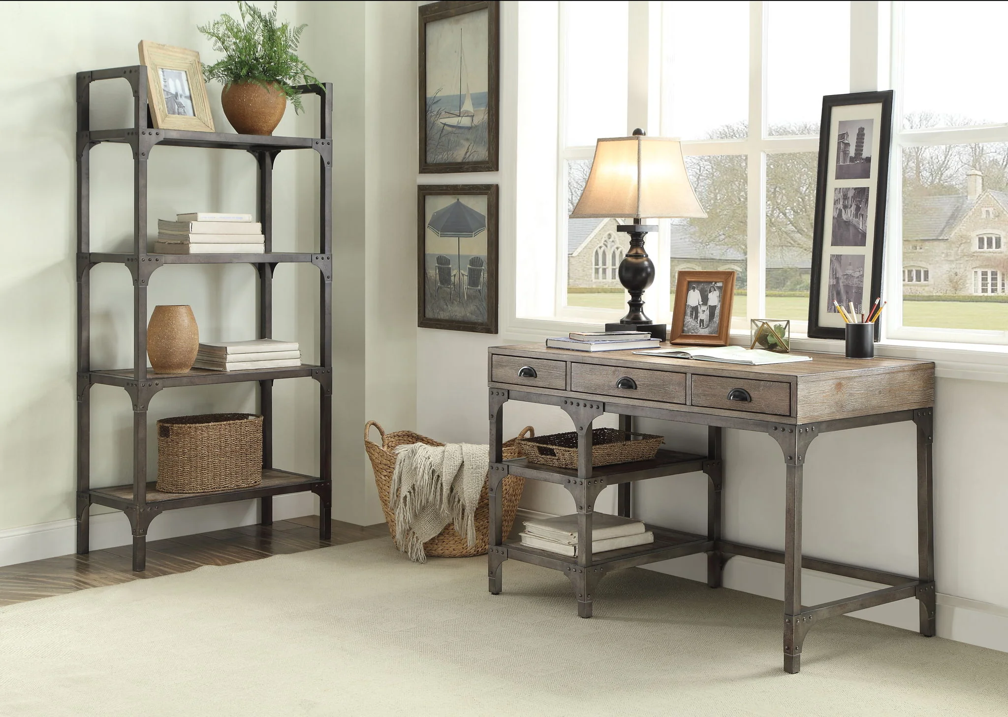 Gorden - Weathered Antique Metal Writing Desk - Oak - Image 5
