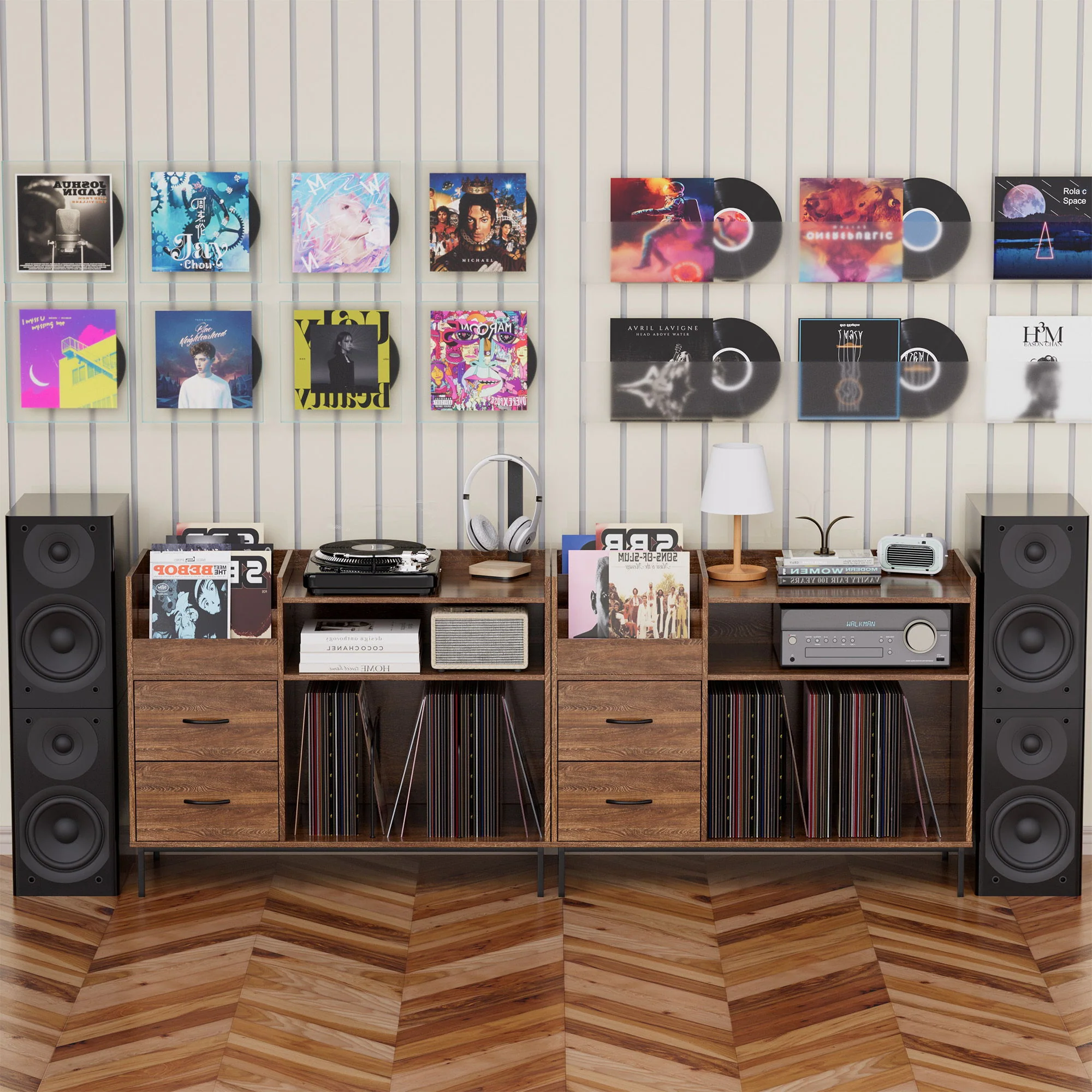 Grain Record Player Stand, Media Console With Speaker Shelf & 2 Drawers - Image 13