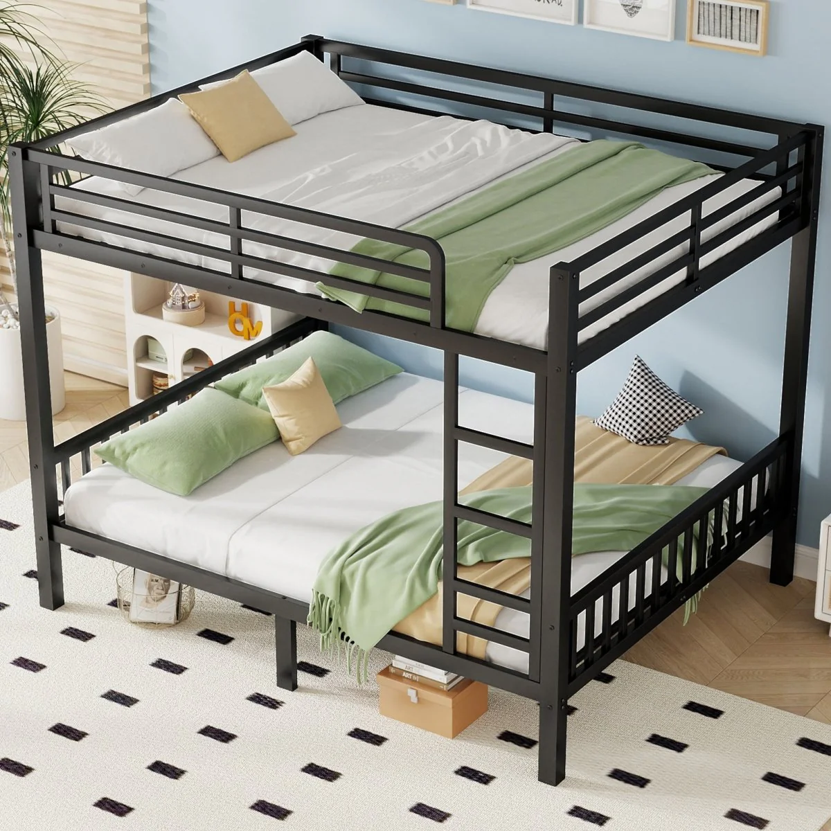Granger Queen Over Queen Metal Bunk Bed Frame in Black with Ladder & Guardrails - Image 3