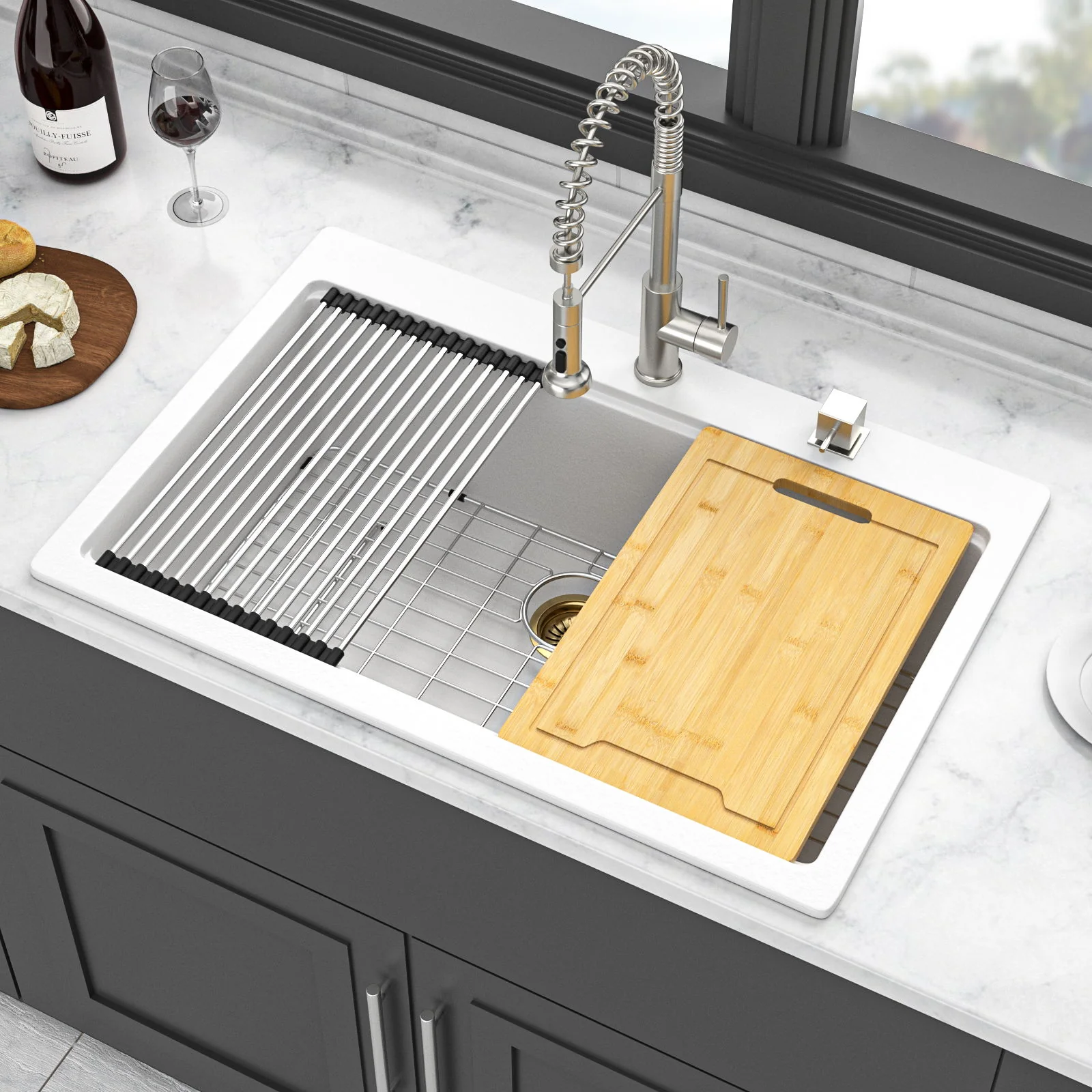 Granite Composite Quartz Kitchen Sink With Workstation Features And Drop In Design - Image 16