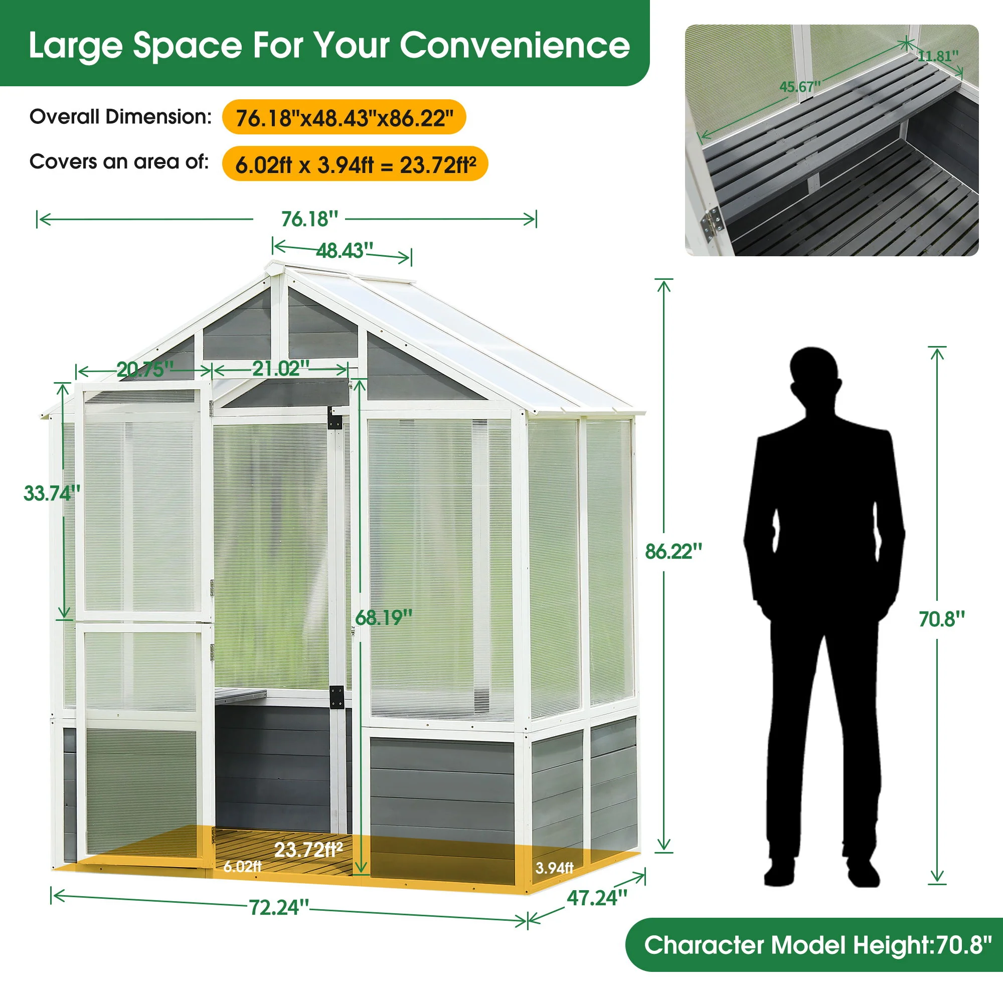 Greenhouse, Wooden Greenhouse Polycarbonate Garden Shed For Plants, Walk-In Outdoor Plant Gardening Greenhouse For Patio Backyard Lawn, Grow House With Front Entry Door - White / Gray - Image 5