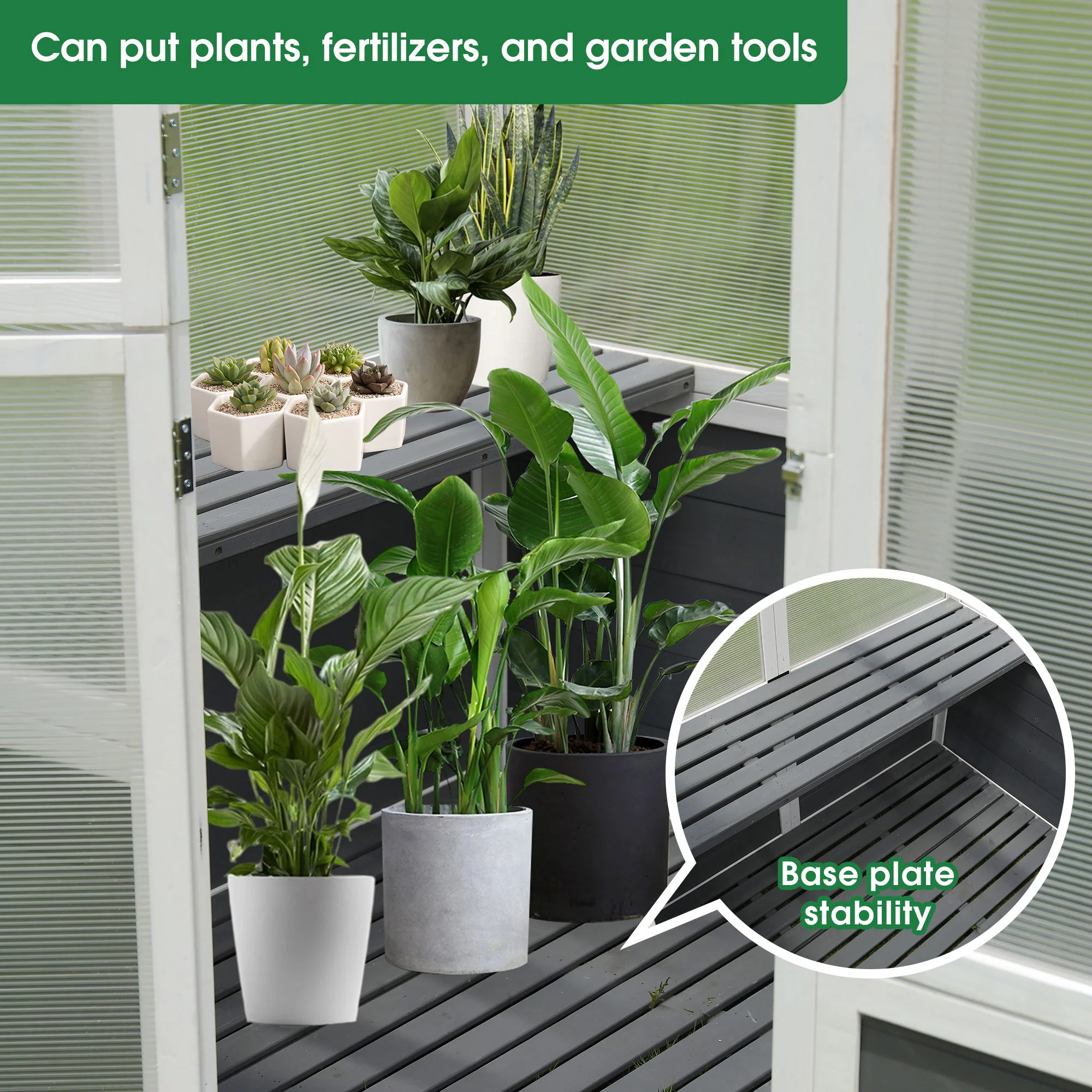 Greenhouse, Wooden Greenhouse Polycarbonate Garden Shed For Plants, Walk-In Outdoor Plant Gardening Greenhouse For Patio Backyard Lawn, Grow House With Front Entry Door - White / Gray - Image 6
