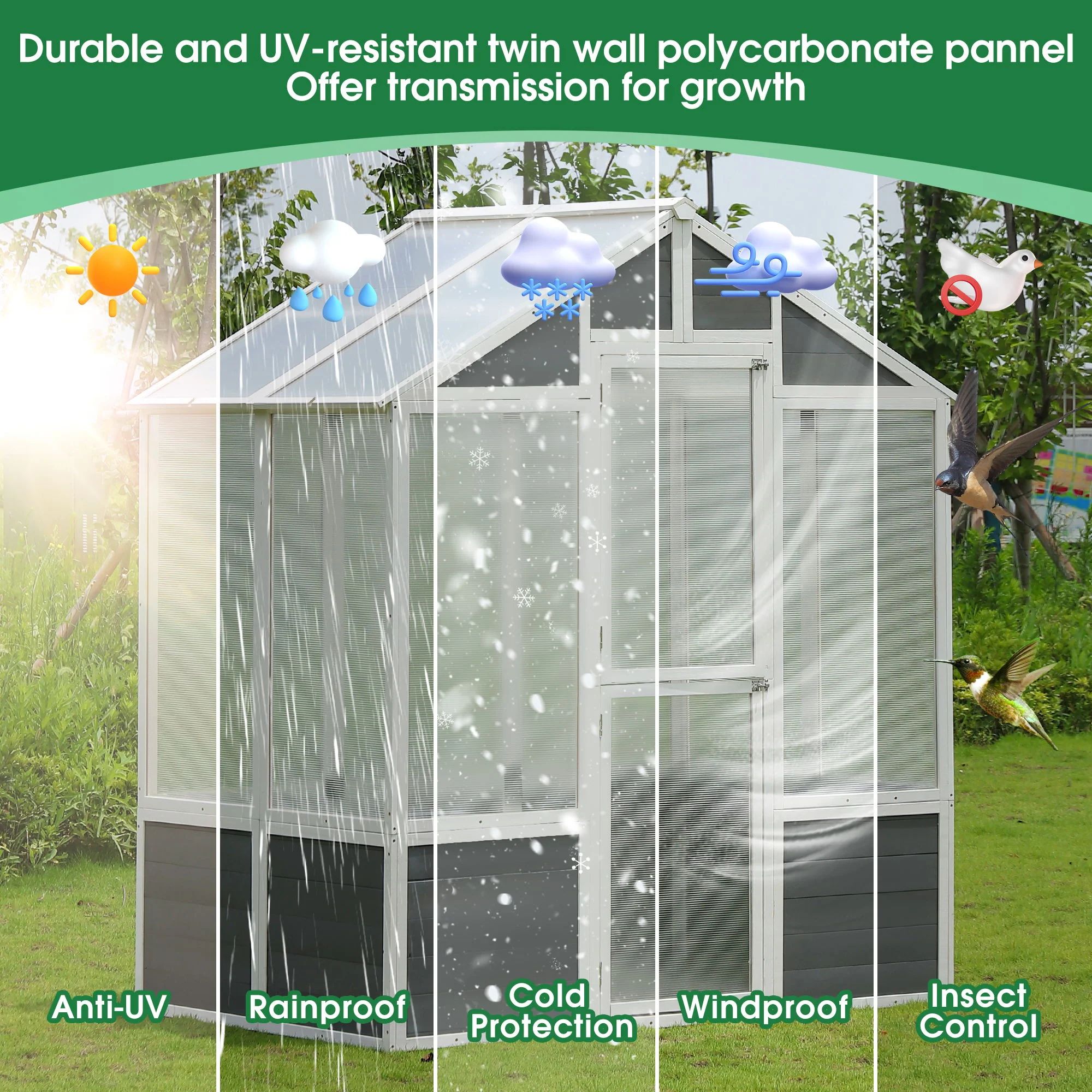 Greenhouse, Wooden Greenhouse Polycarbonate Garden Shed For Plants, Walk-In Outdoor Plant Gardening Greenhouse For Patio Backyard Lawn, Grow House With Front Entry Door - White / Gray - Image 7