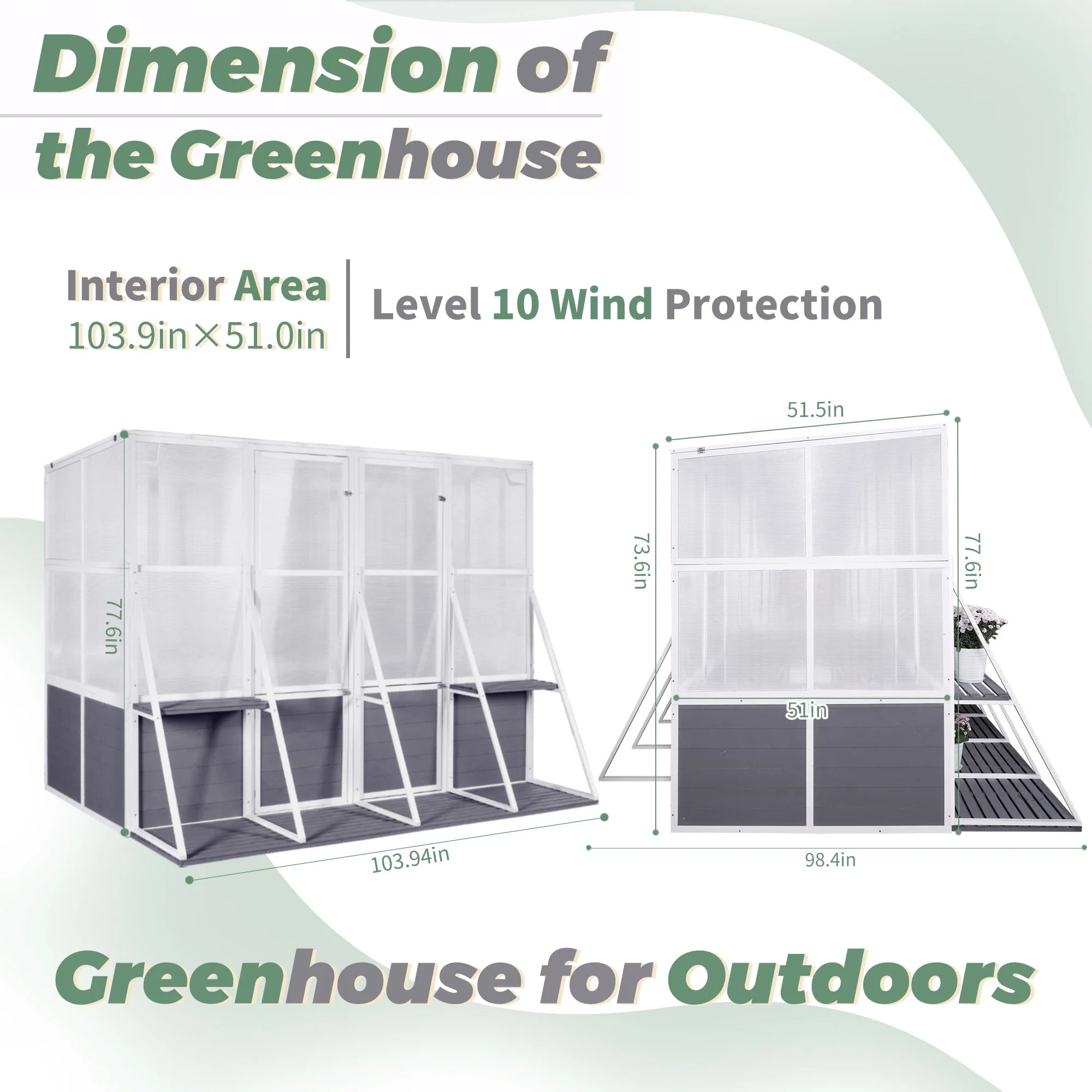 Greenhouse, Wooden Lean To Greenhouses For Outdoors, Heavy Duty Walk In Green House For Outside Winter, Large Hot House For Sunroom Storage Shed, Garden, Backyard - White / Gray - Image 2