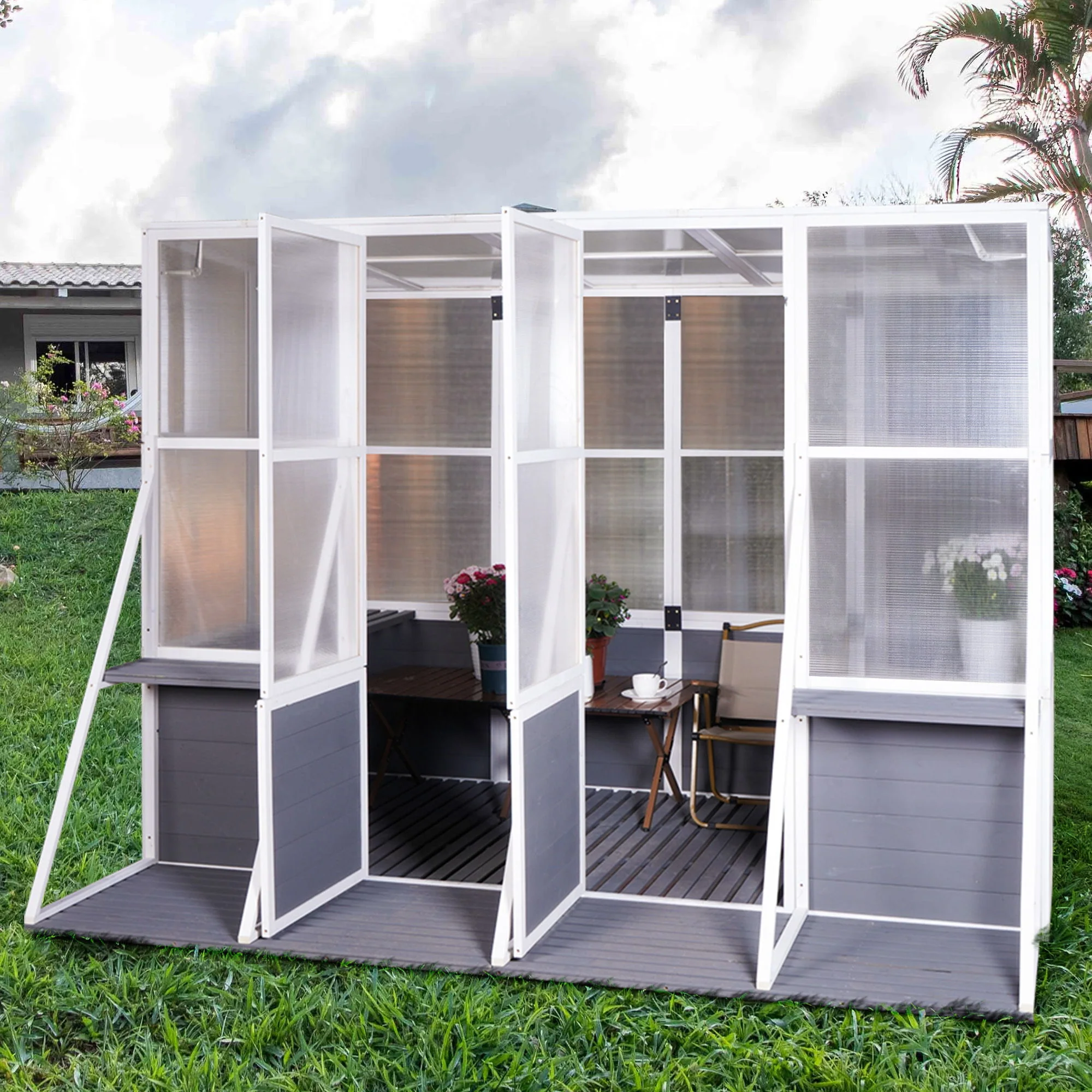 Greenhouse, Wooden Lean To Greenhouses For Outdoors, Heavy Duty Walk In Green House For Outside Winter, Large Hot House For Sunroom Storage Shed, Garden, Backyard - White / Gray - Image 3