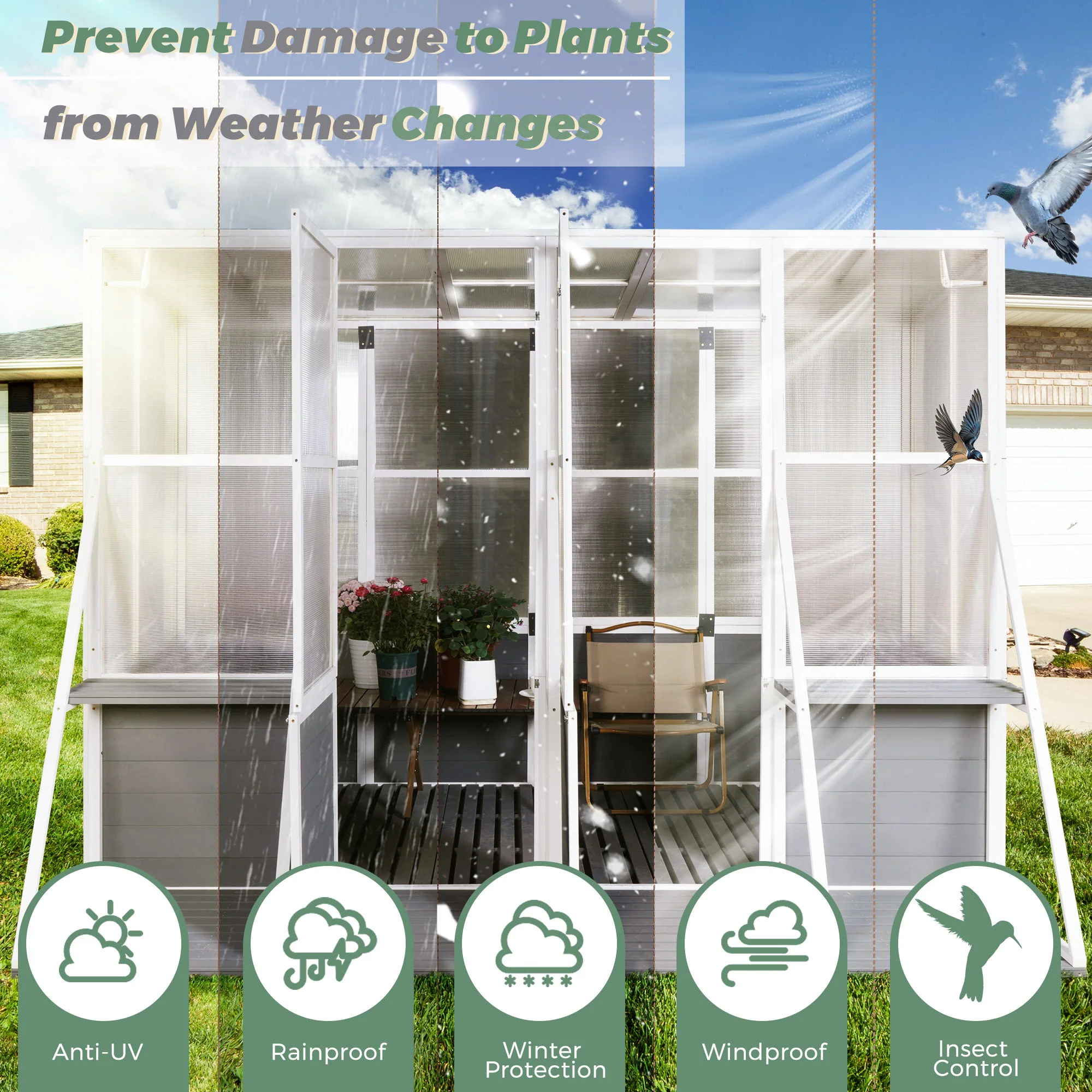 Greenhouse, Wooden Lean To Greenhouses For Outdoors, Heavy Duty Walk In Green House For Outside Winter, Large Hot House For Sunroom Storage Shed, Garden, Backyard - White / Gray - Image 6