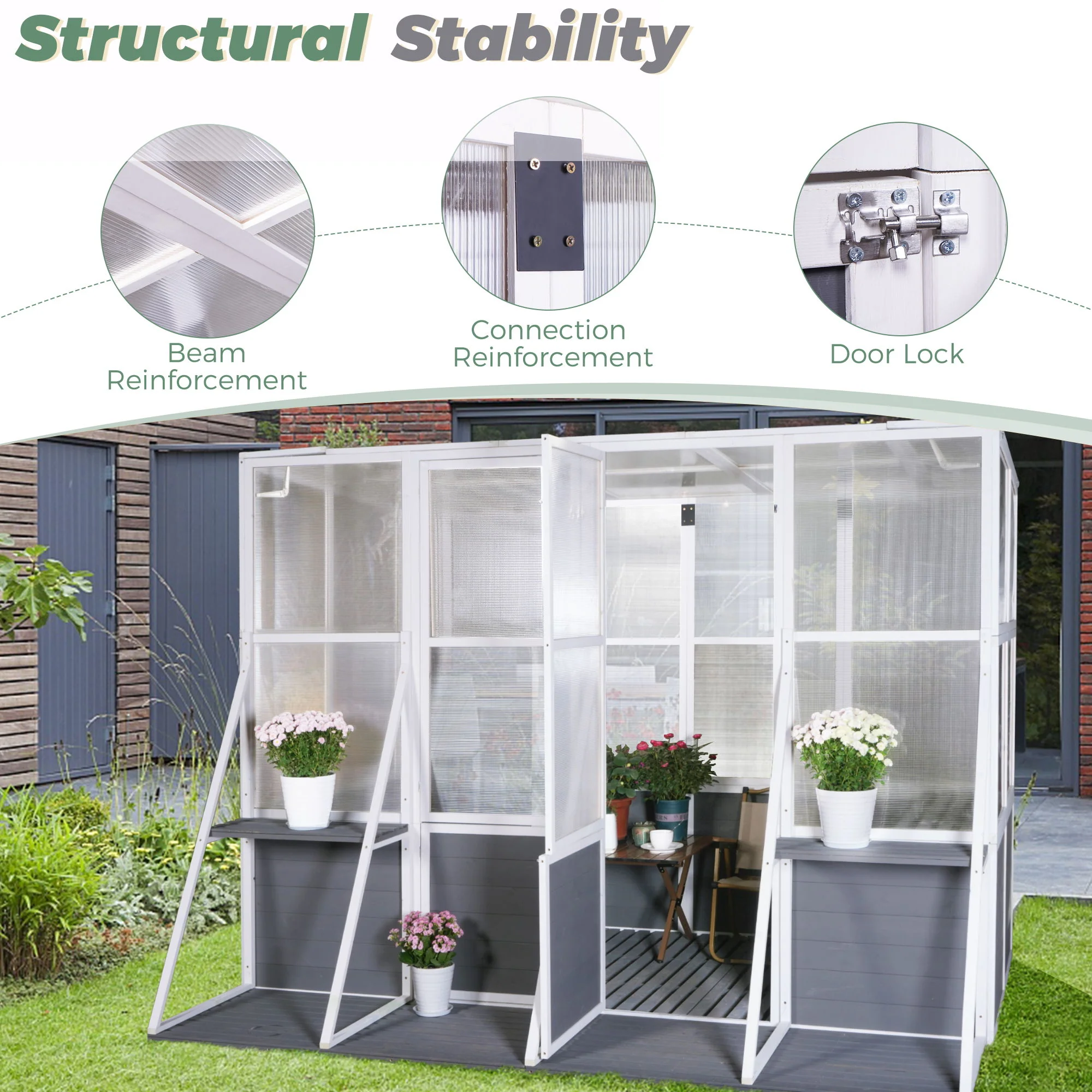 Greenhouse, Wooden Lean To Greenhouses For Outdoors, Heavy Duty Walk In Green House For Outside Winter, Large Hot House For Sunroom Storage Shed, Garden, Backyard - White / Gray - Image 7