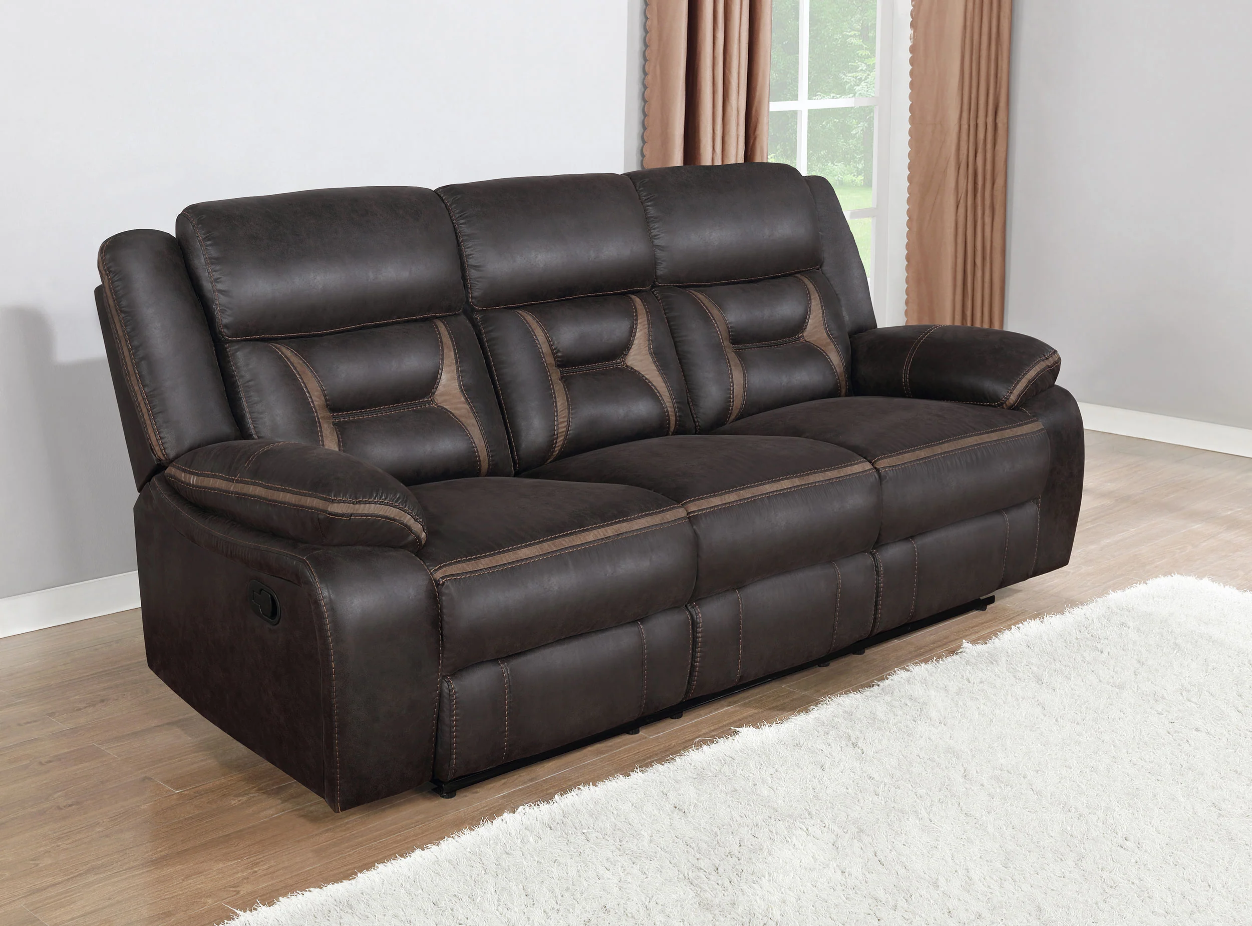 Greer Upholstered Motion Reclining Sofa in Brown - Image 3