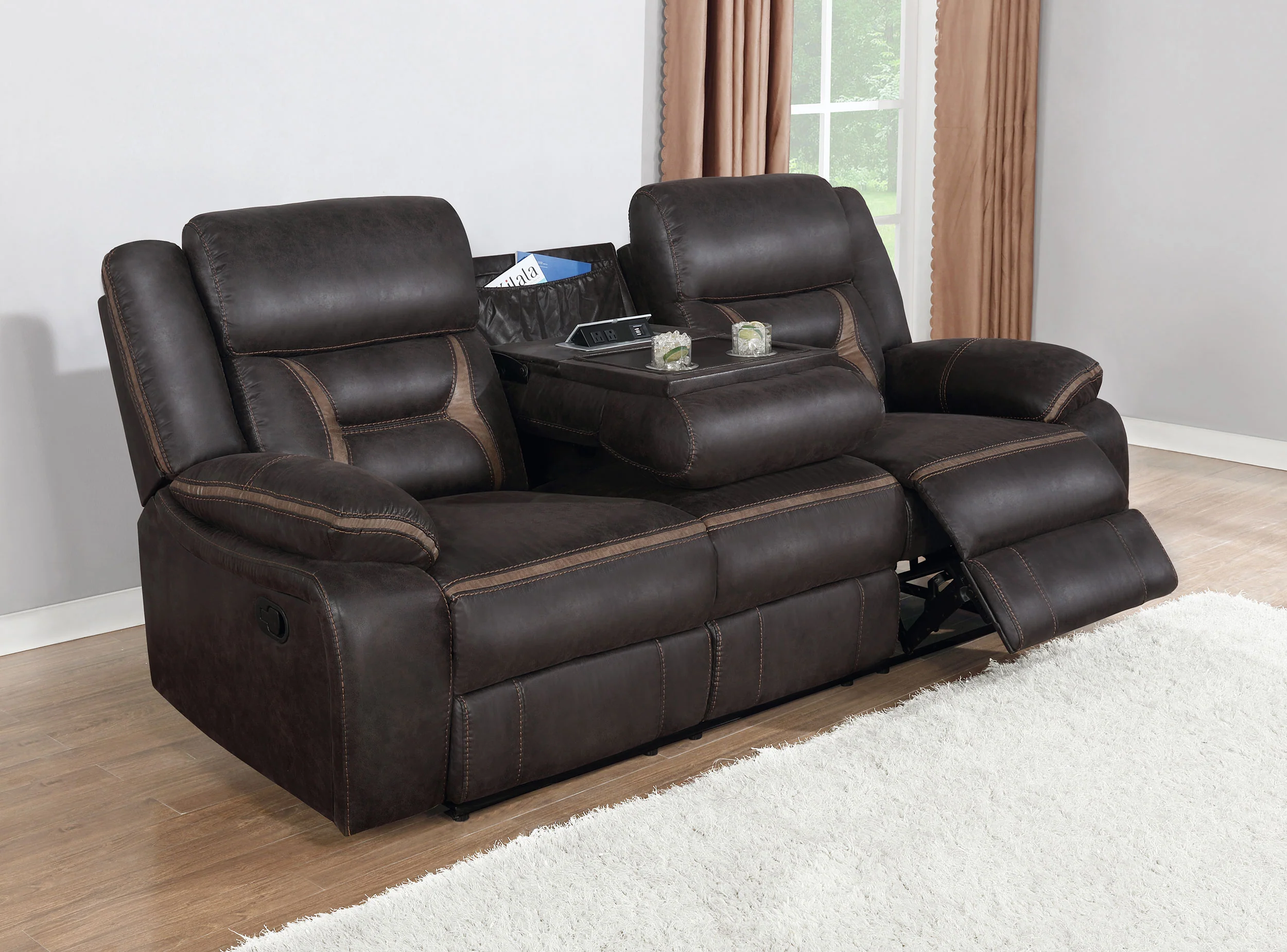 Greer Upholstered Motion Reclining Sofa in Brown - Image 5