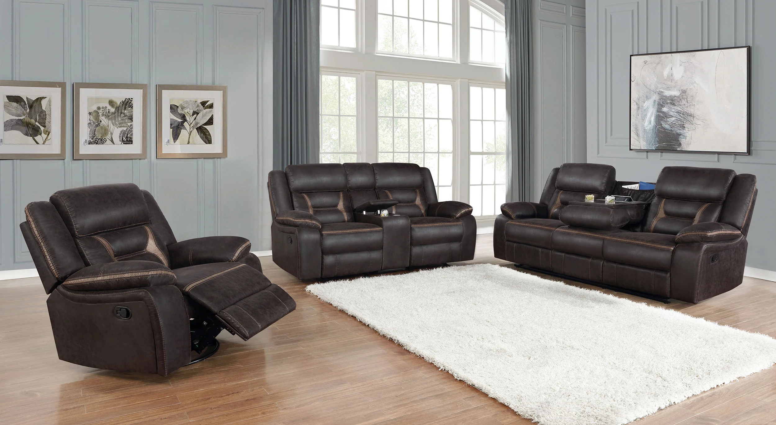 Greer Upholstered Motion Reclining Sofa in Brown - Image 9